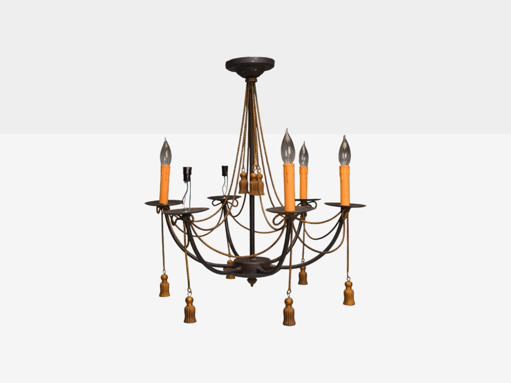 Hollywood Regency Style, Metal, Brass, Tassel Motif Chandelier, USA, 1960s

A painted metal and brass 6 light chandelier likely designed and produced in the United States c. 1960s.

Metal, Brass; United States c. 1960s

Height: 25 inches, Diameter: