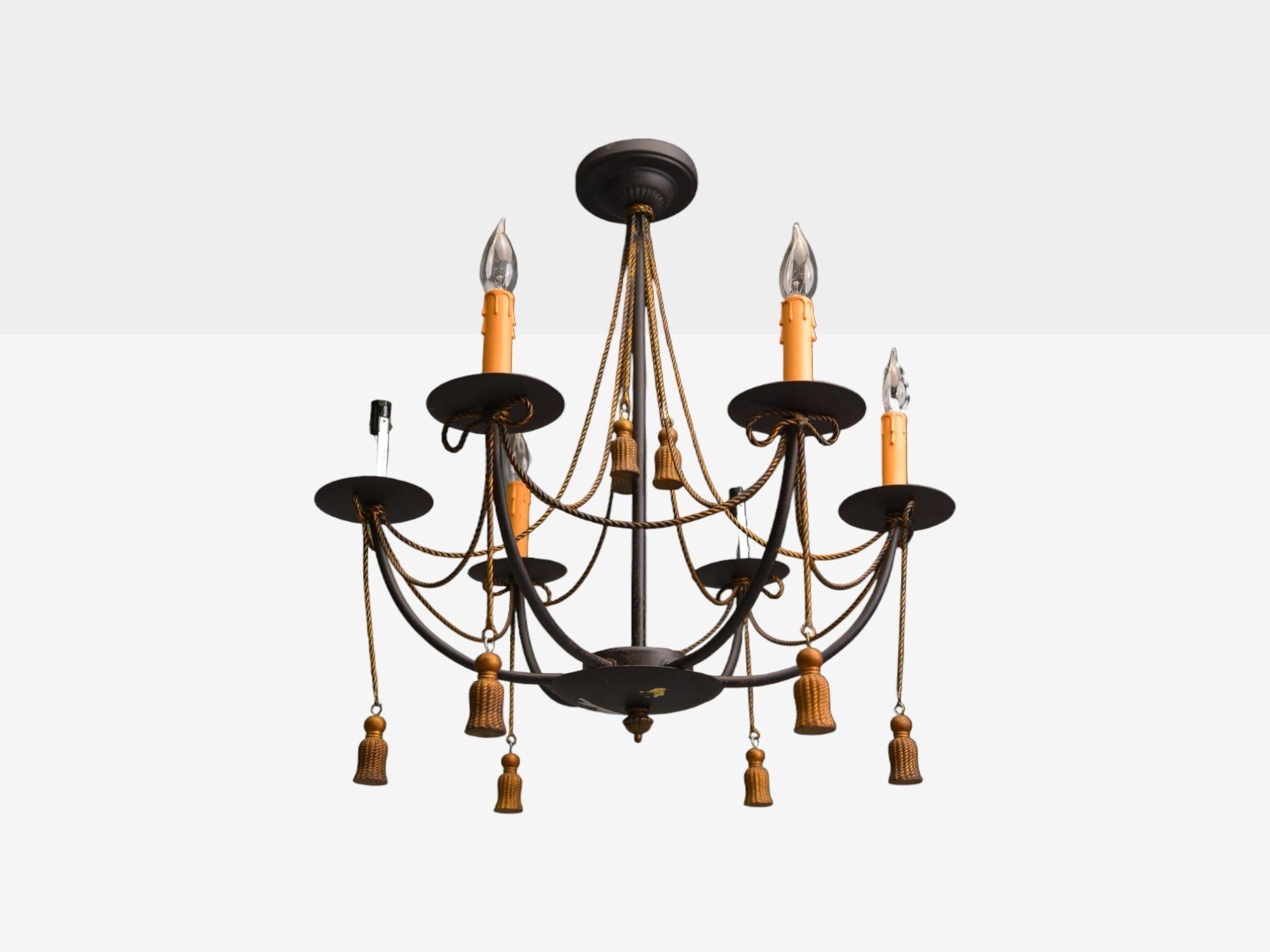 Hollywood Regency Style, Metal, Brass, Tassel Motif Chandelier, USA, 1960s In Good Condition For Sale In Manhasset, NY