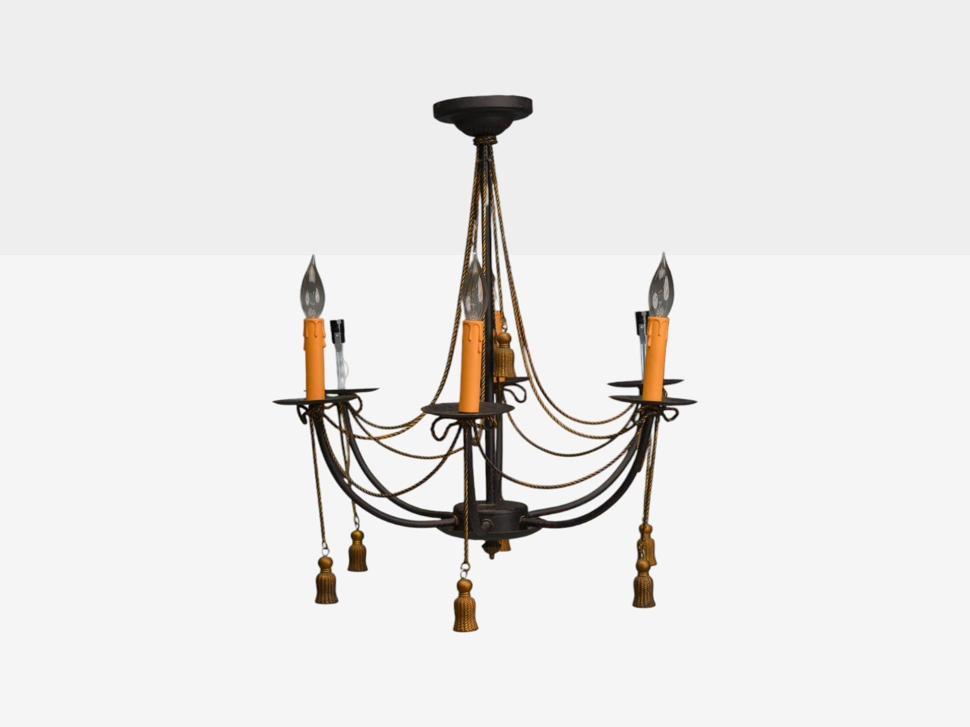 Mid-20th Century Hollywood Regency Style, Metal, Brass, Tassel Motif Chandelier, USA, 1960s For Sale
