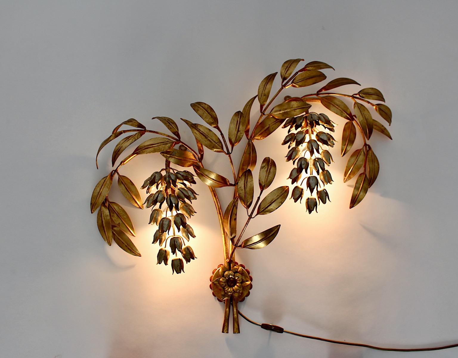 German Hollywood Regency Style Metal Silver Gold Vintage Flower Wall Light Sconce 1970s For Sale