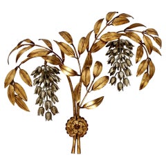 Hollywood Regency Style Metal Silver Gold Vintage Flower Wall Light Sconce 1970s