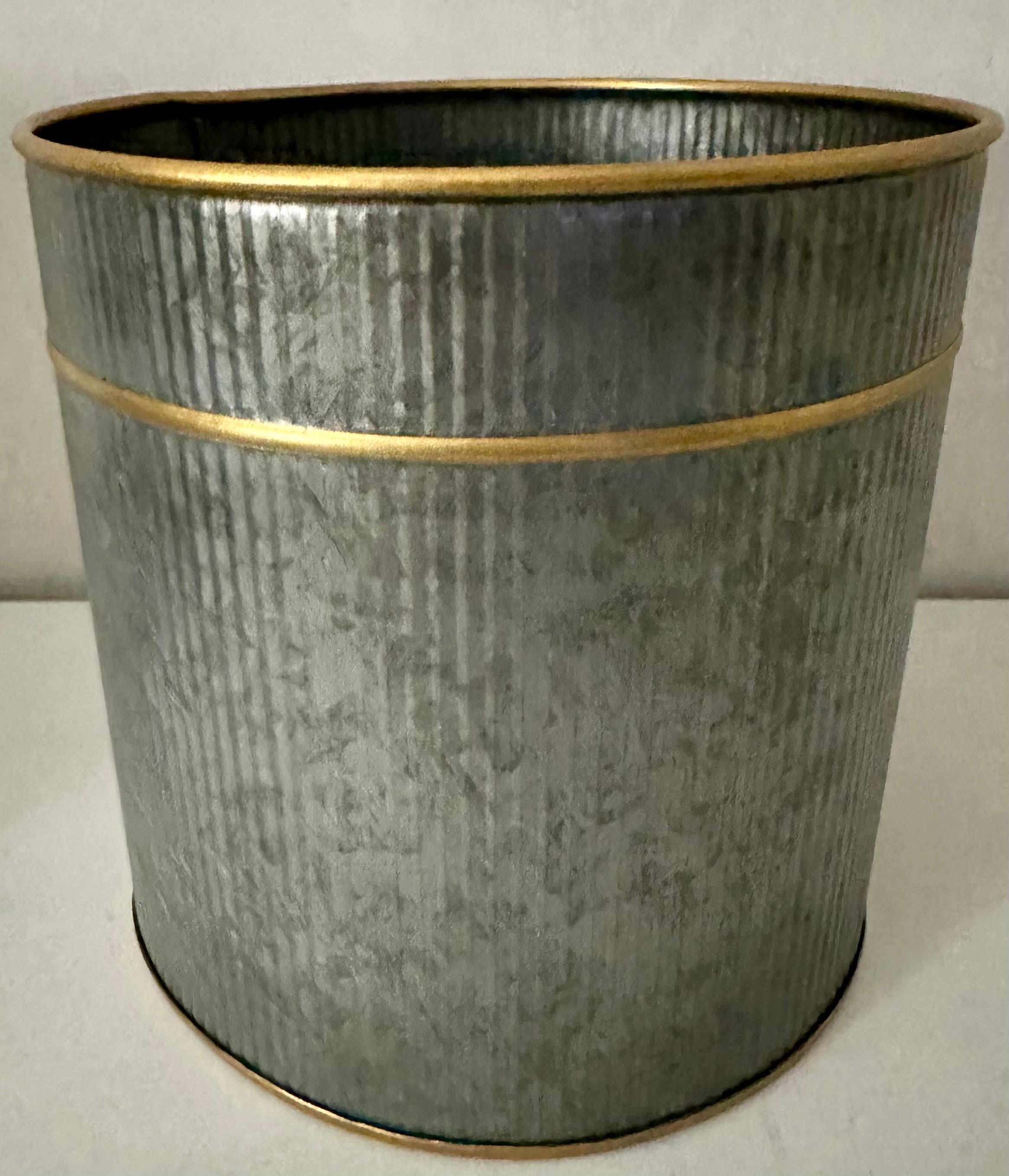 Hollywood Regency Style Metal Waste Basket with Gilt Accent For Sale 4