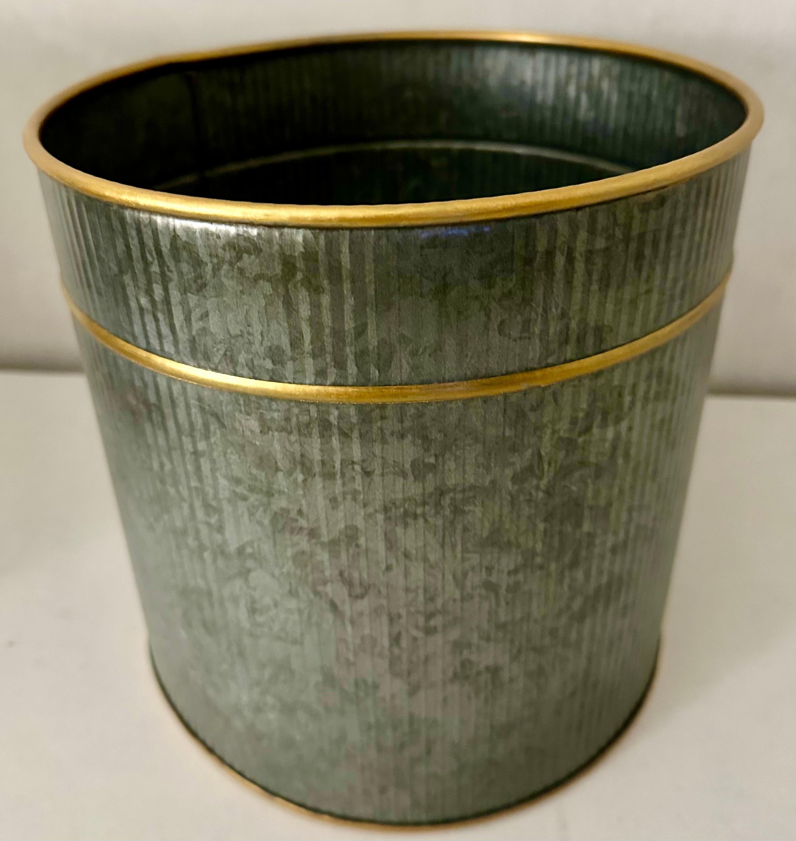 Gustavian Hollywood Regency Style Metal Waste Basket with Gilt Accent For Sale