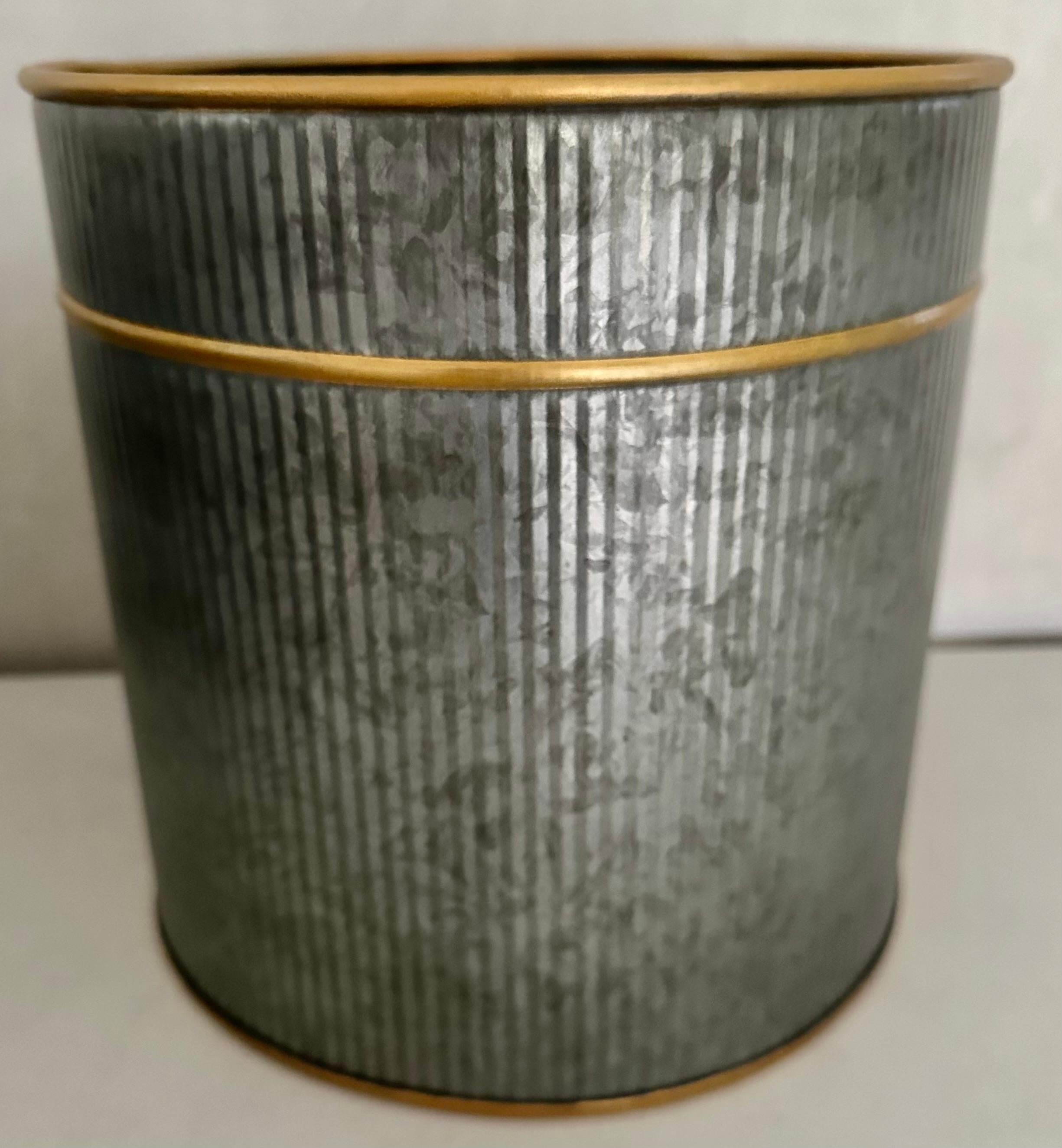 Contemporary Hollywood Regency Style Metal Waste Basket with Gilt Accent For Sale