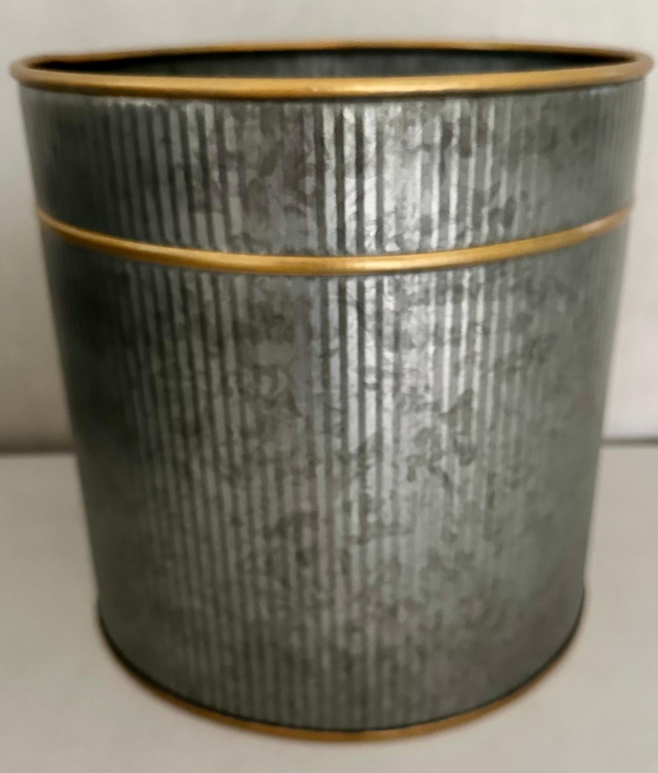 Hollywood Regency Style Metal Waste Basket with Gilt Accent For Sale 1