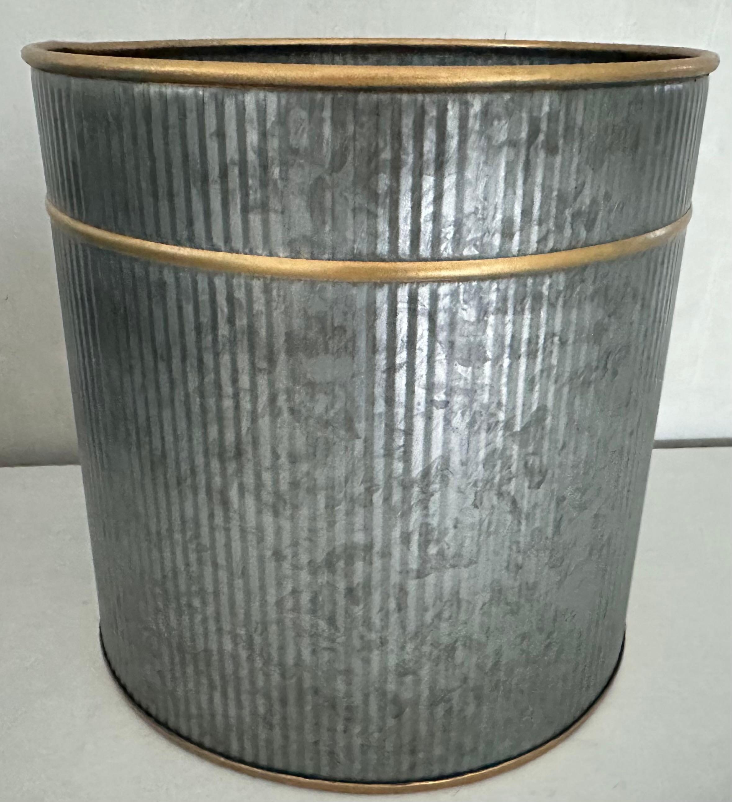 Hollywood Regency Style Metal Waste Basket with Gilt Accent For Sale 3