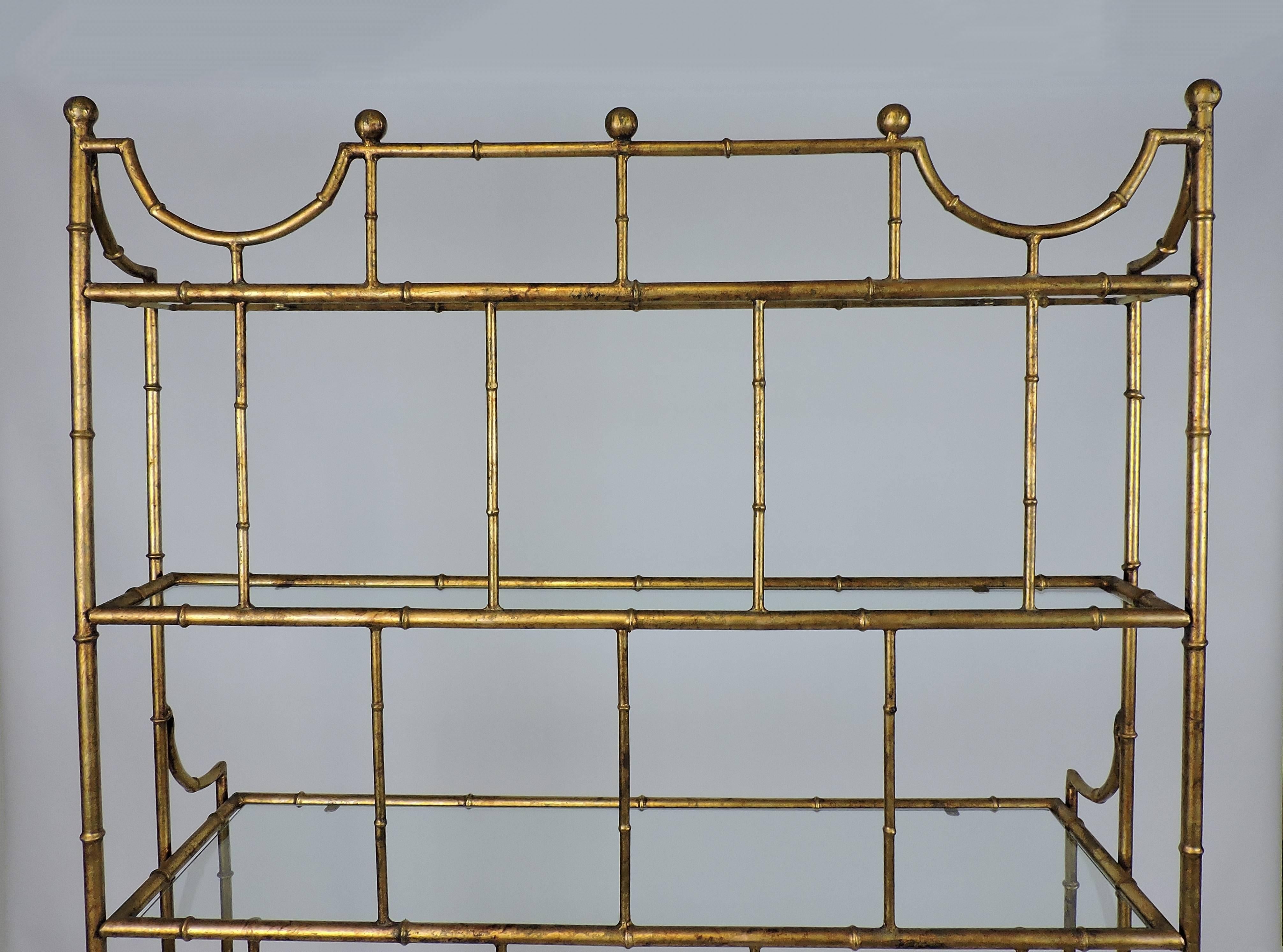 Hollywood Regency Style Mid Century Faux Gilt Iron Bamboo and Glass Étagère 5