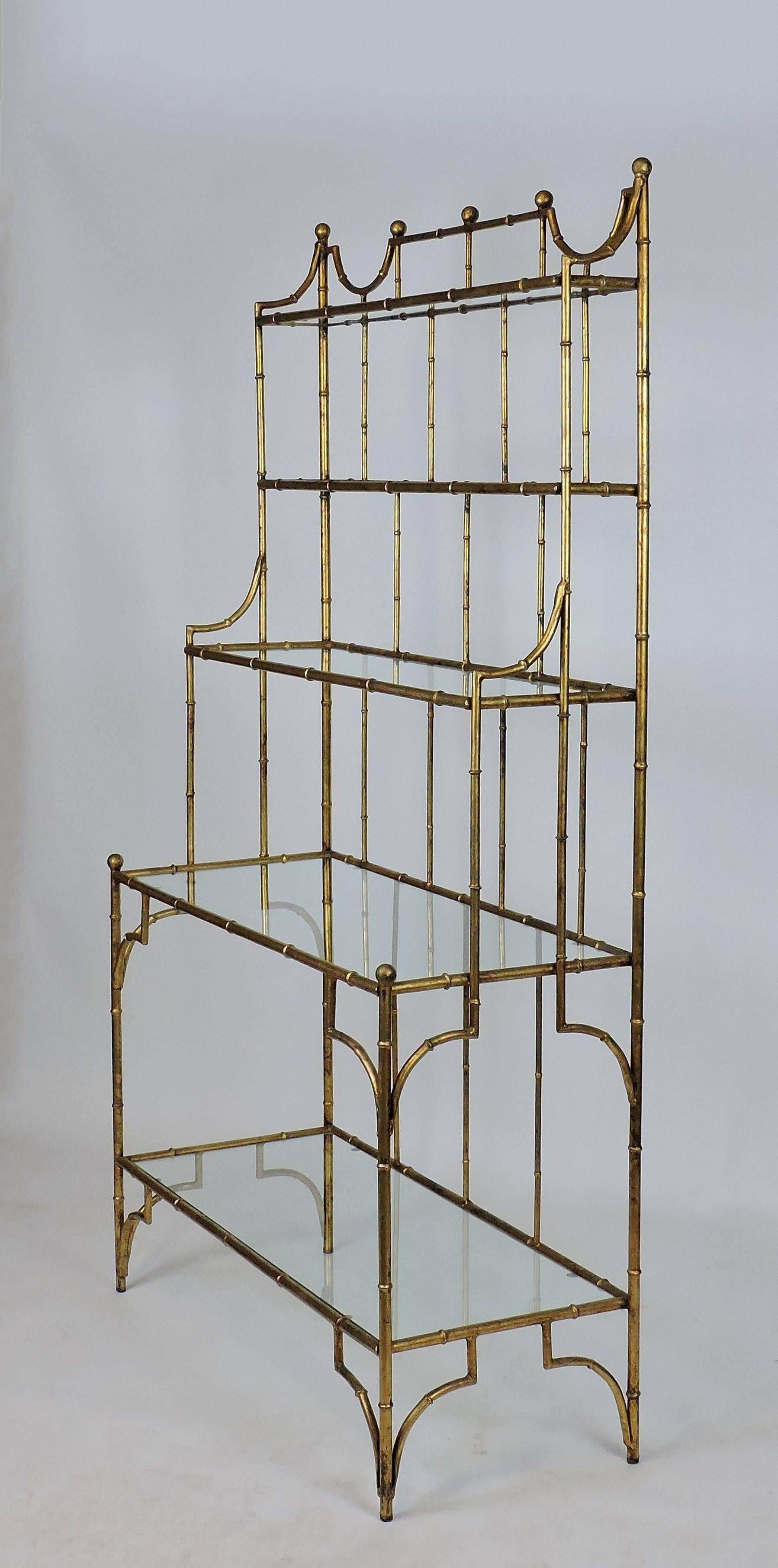 Hollywood Regency Style Mid Century Faux Gilt Iron Bamboo and Glass Étagère 7