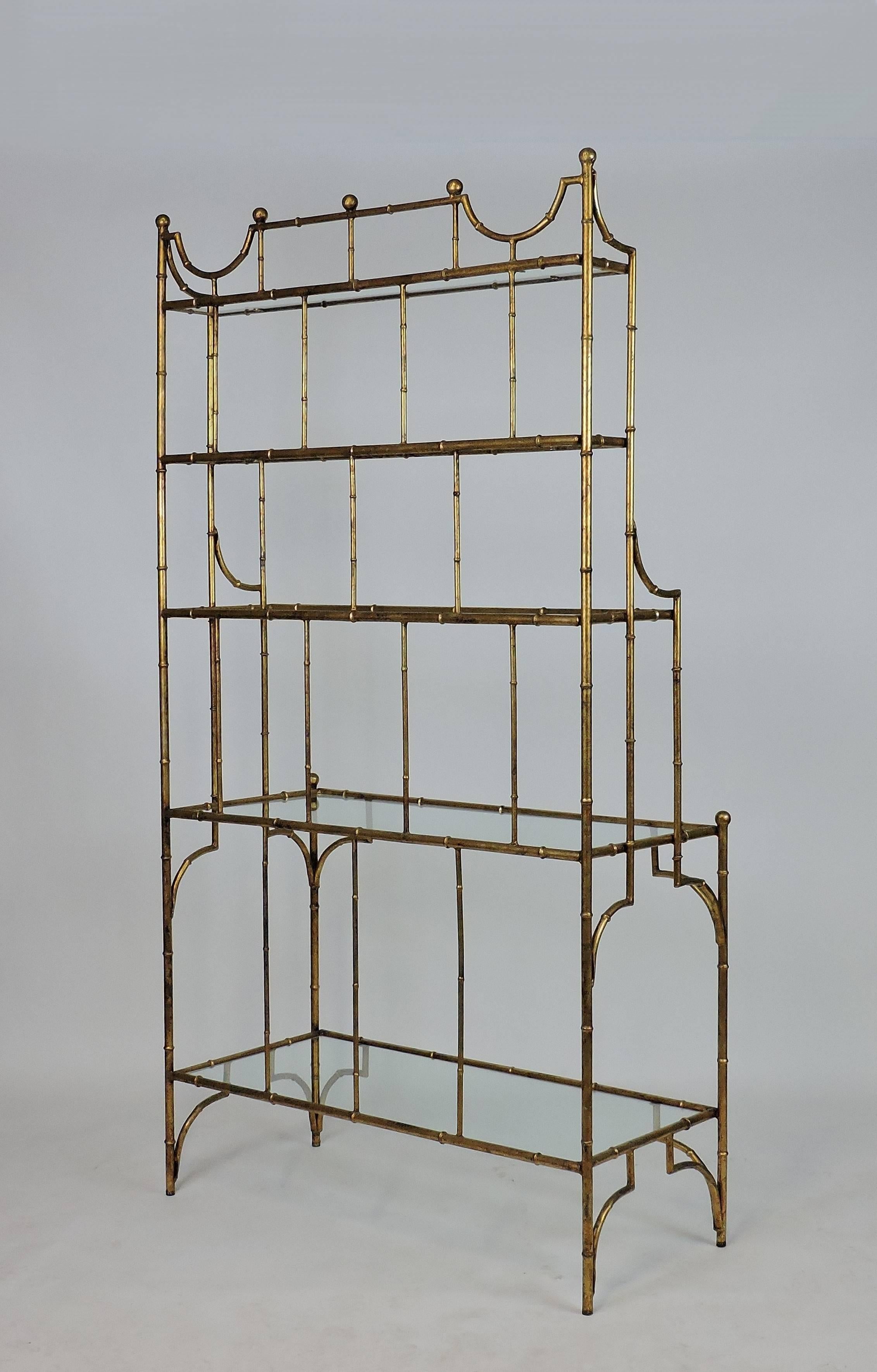 Hollywood Regency Style Mid Century Faux Gilt Iron Bamboo and Glass Étagère In Good Condition In Chesterfield, NJ