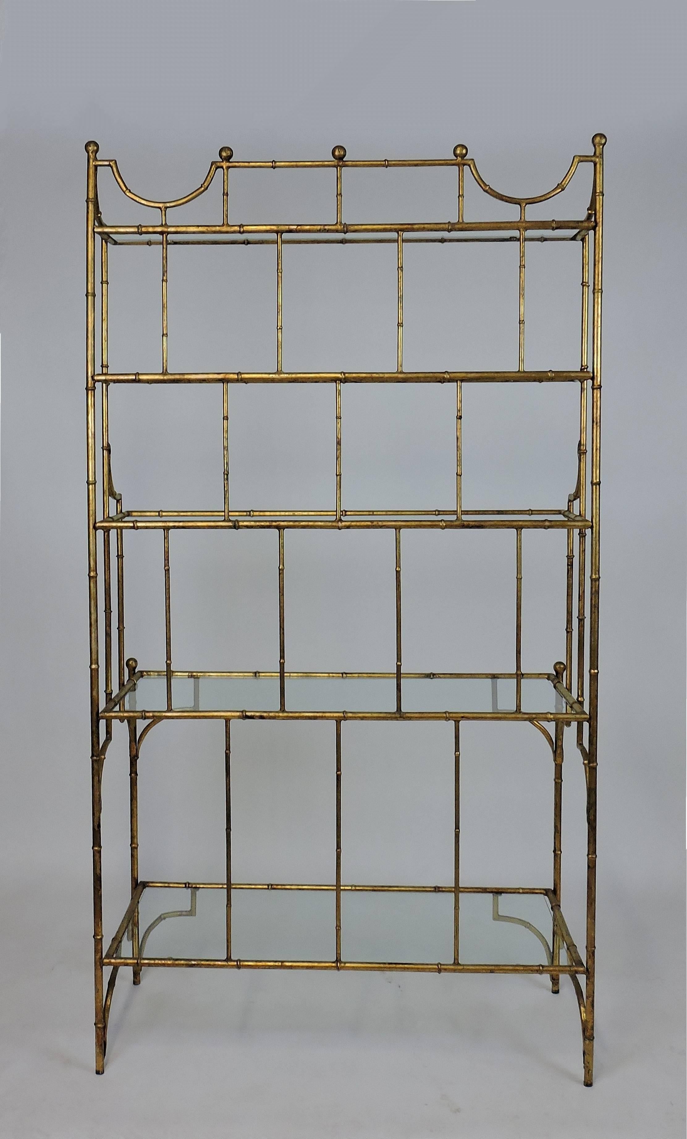 Late 20th Century Hollywood Regency Style Mid Century Faux Gilt Iron Bamboo and Glass Étagère