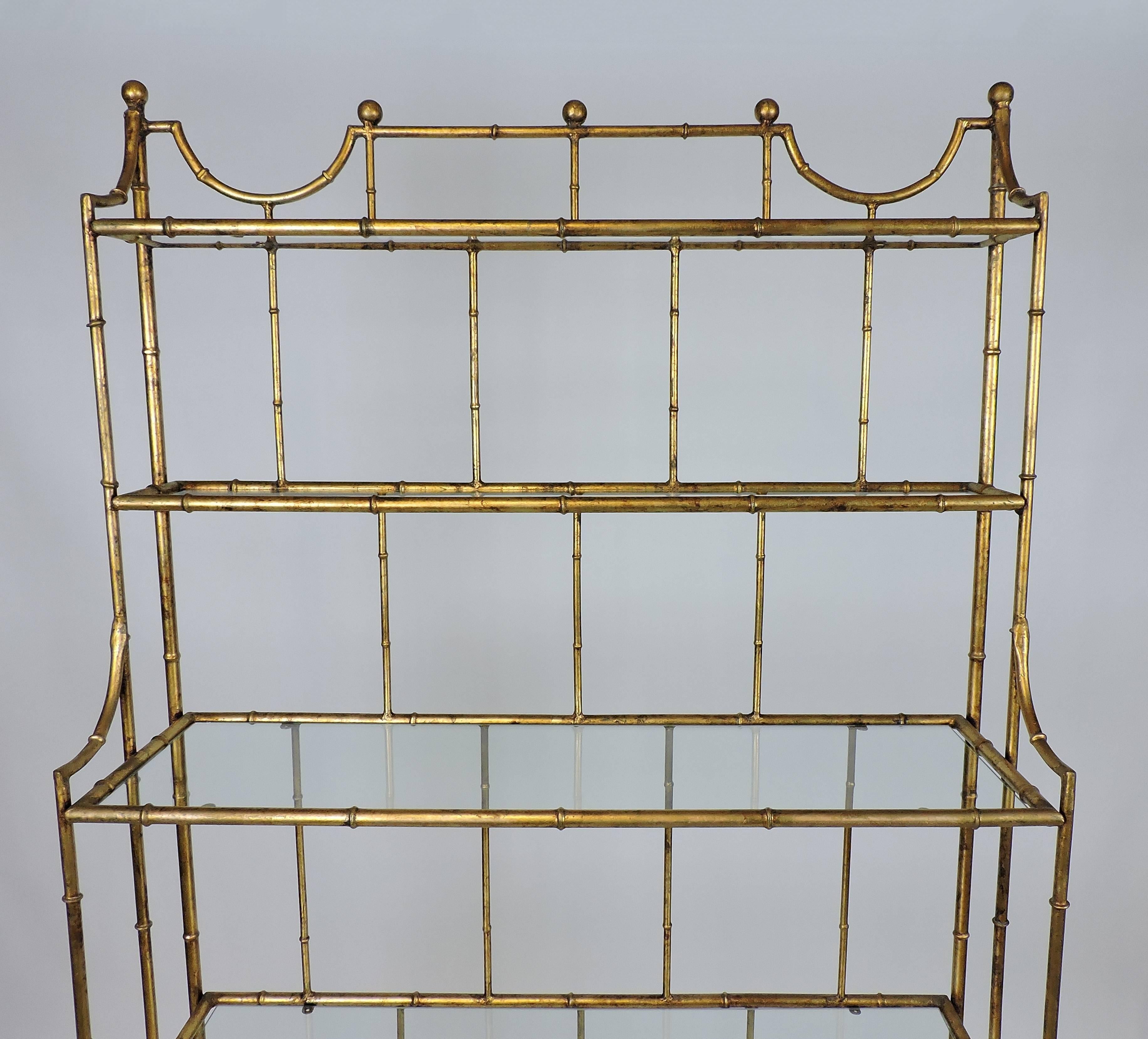 Metal Hollywood Regency Style Mid Century Faux Gilt Iron Bamboo and Glass Étagère