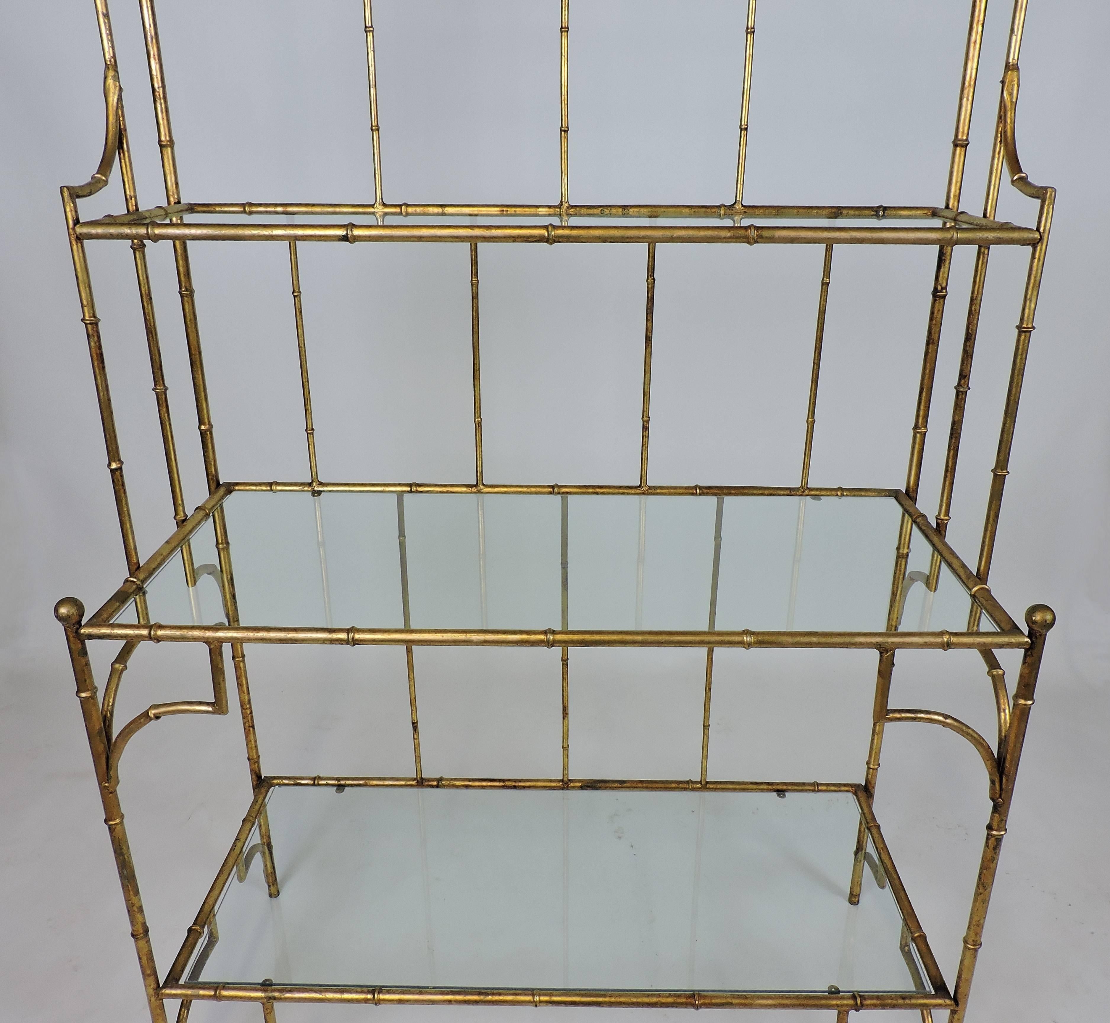 Hollywood Regency Style Mid Century Faux Gilt Iron Bamboo and Glass Étagère 1