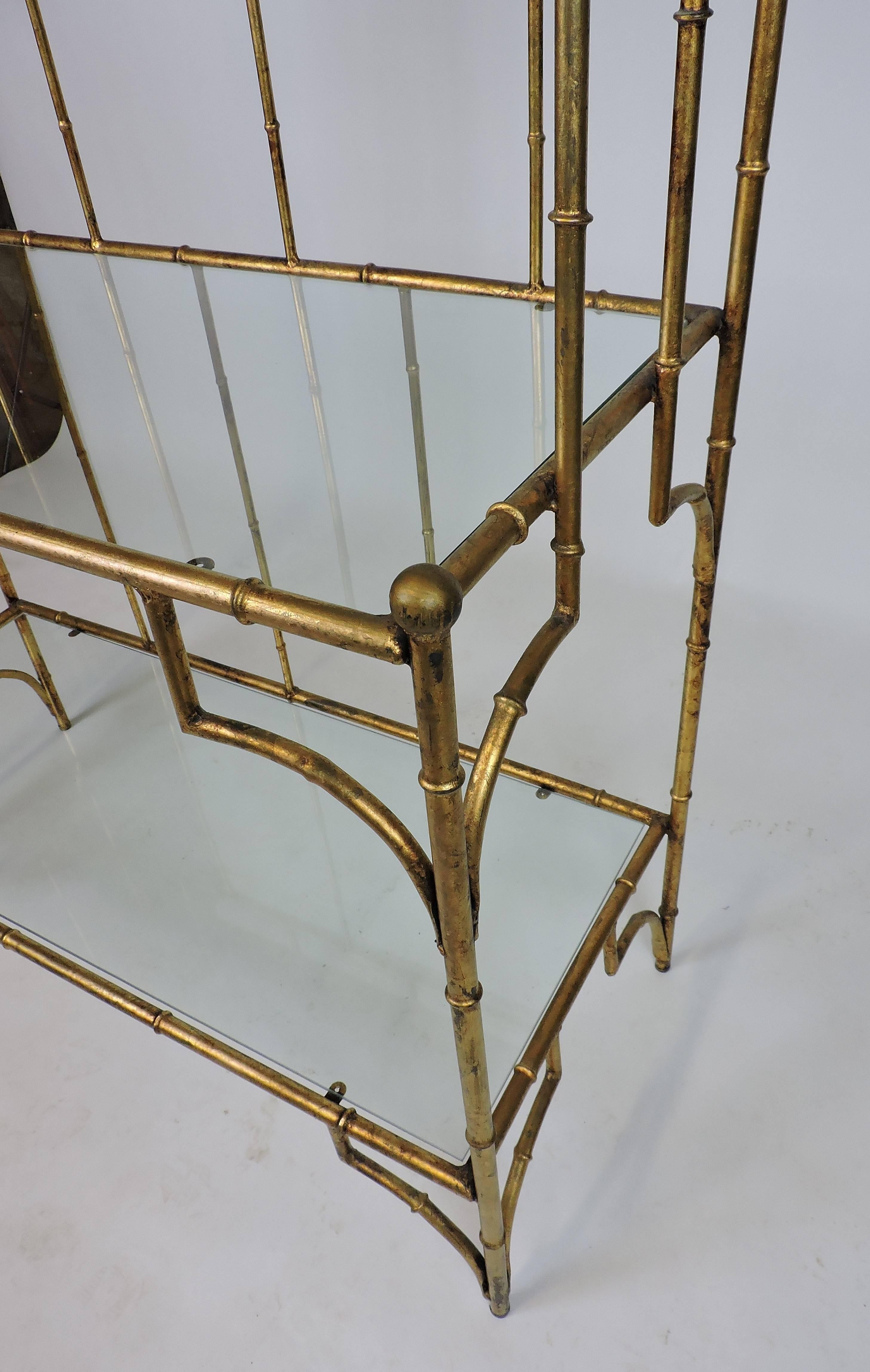 Hollywood Regency Style Mid Century Faux Gilt Iron Bamboo and Glass Étagère 2