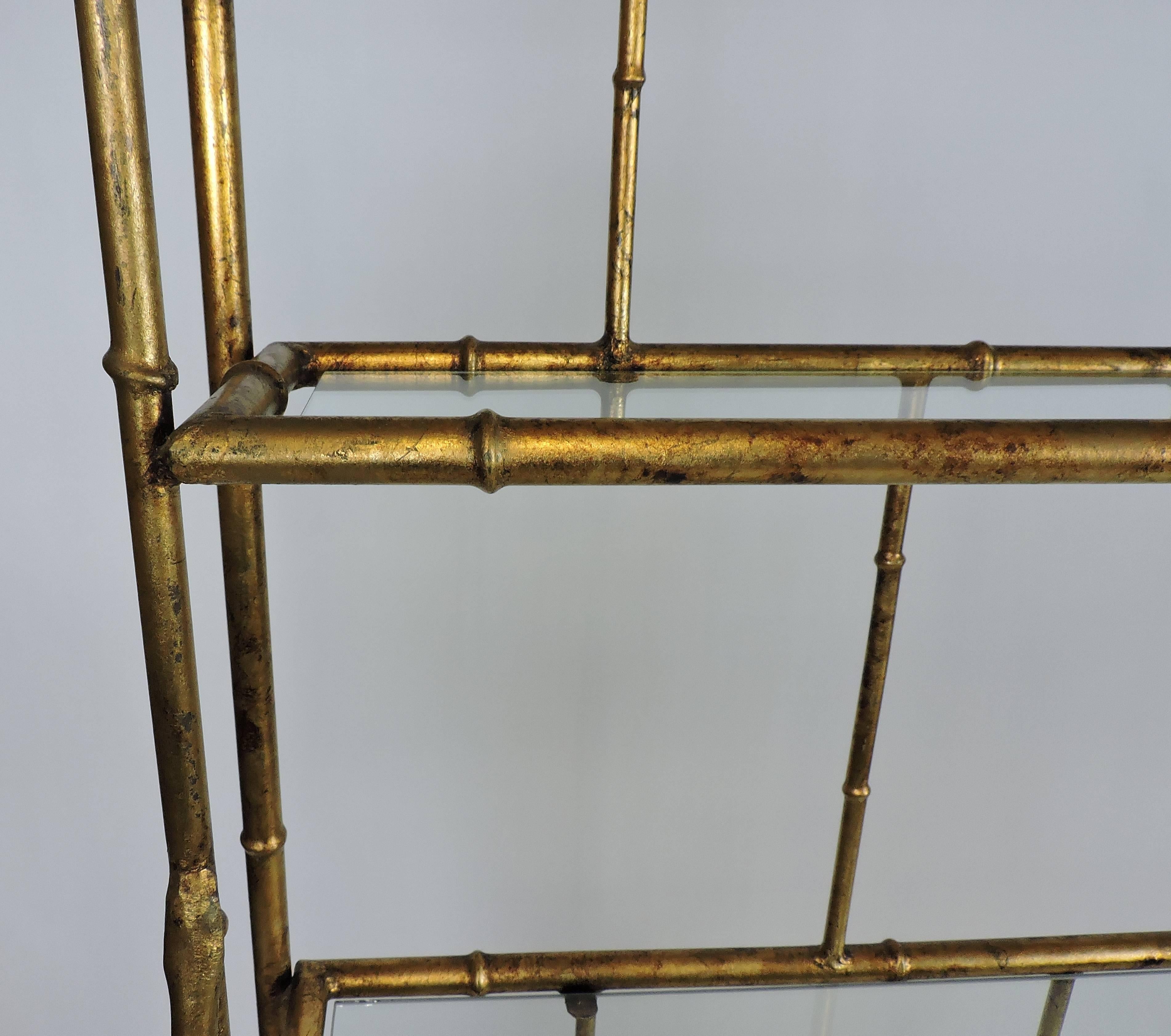 Hollywood Regency Style Mid Century Faux Gilt Iron Bamboo and Glass Étagère 3