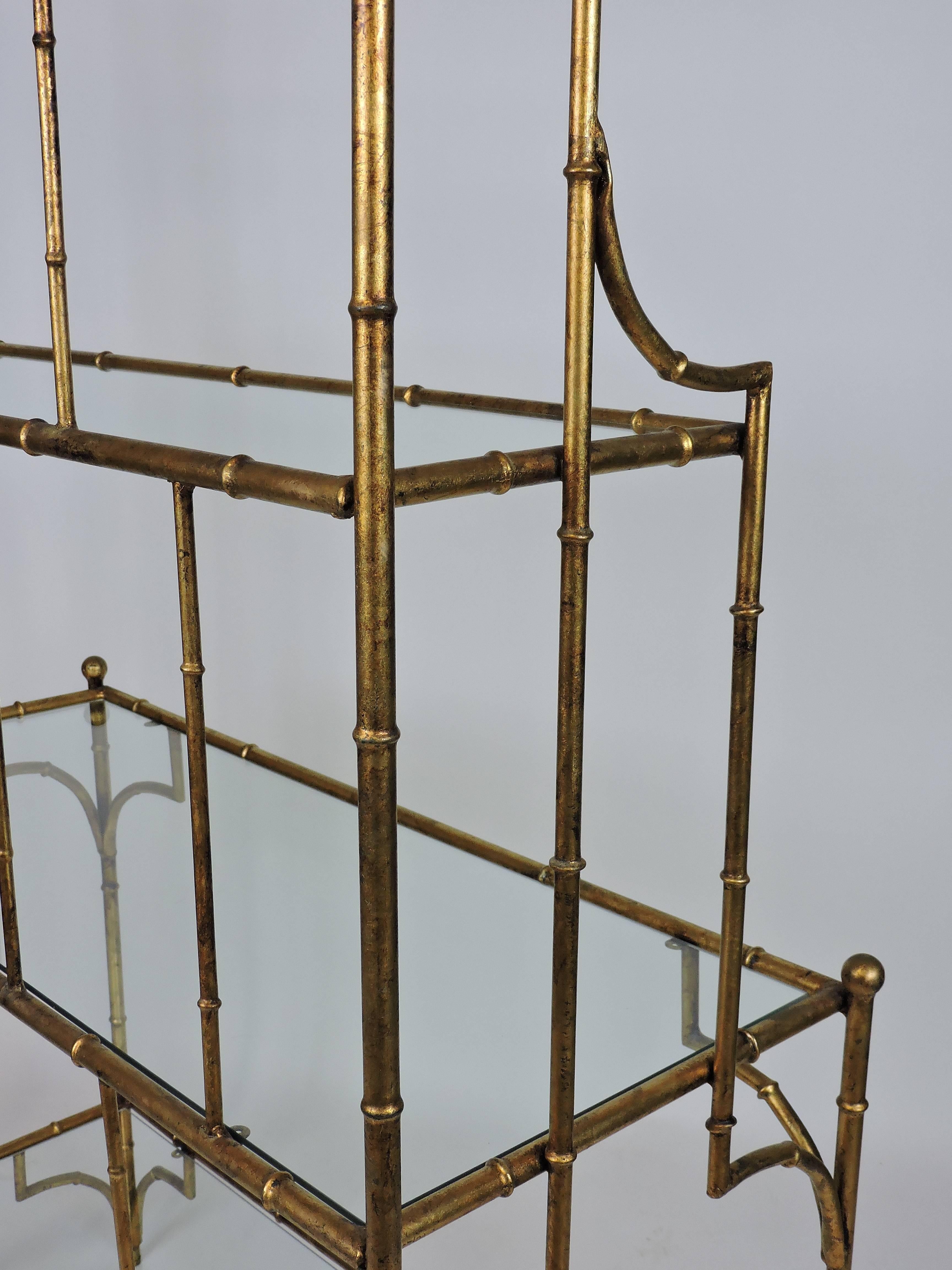 Hollywood Regency Style Mid Century Faux Gilt Iron Bamboo and Glass Étagère 4