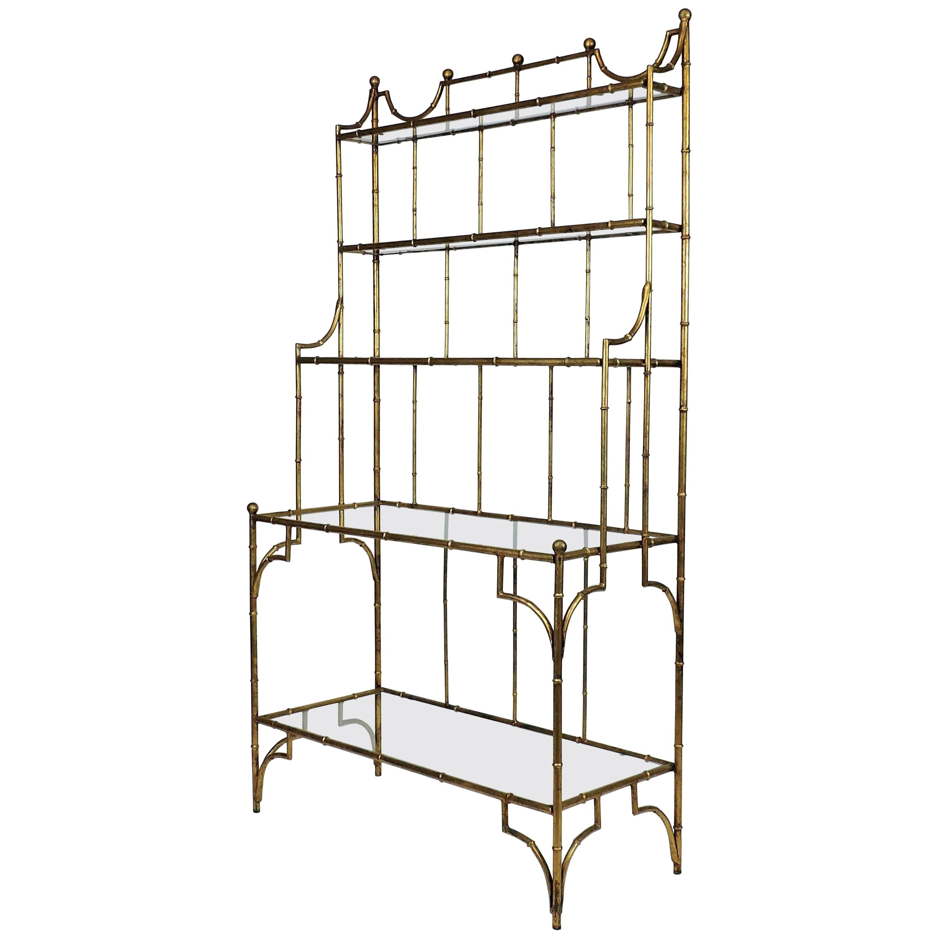 Hollywood Regency Style Mid Century Faux Gilt Iron Bamboo and Glass Étagère