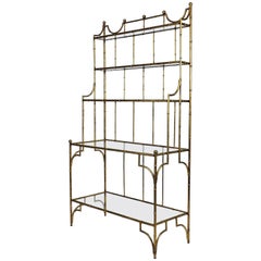 Hollywood Regency Style Mid Century Faux Gilt Iron Bamboo and Glass Étagère