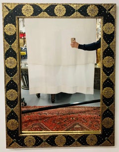 Hollywood Regency Style Mirror with Filigree Brass Inlay on Ebony, a Pair