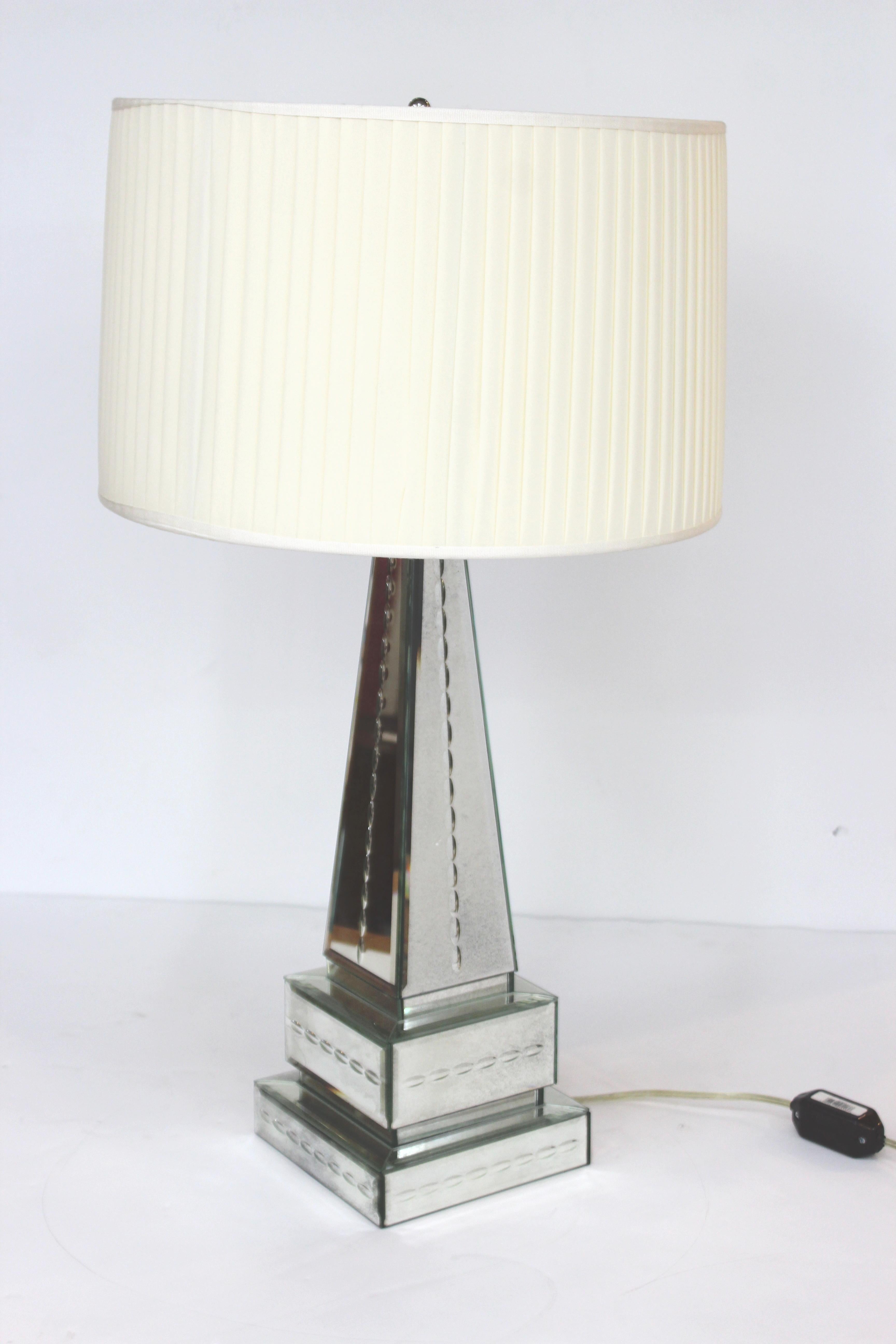 Hollywood Regency Style Mirrored Obelisk Table Lamps with Shades In Good Condition In New York, NY