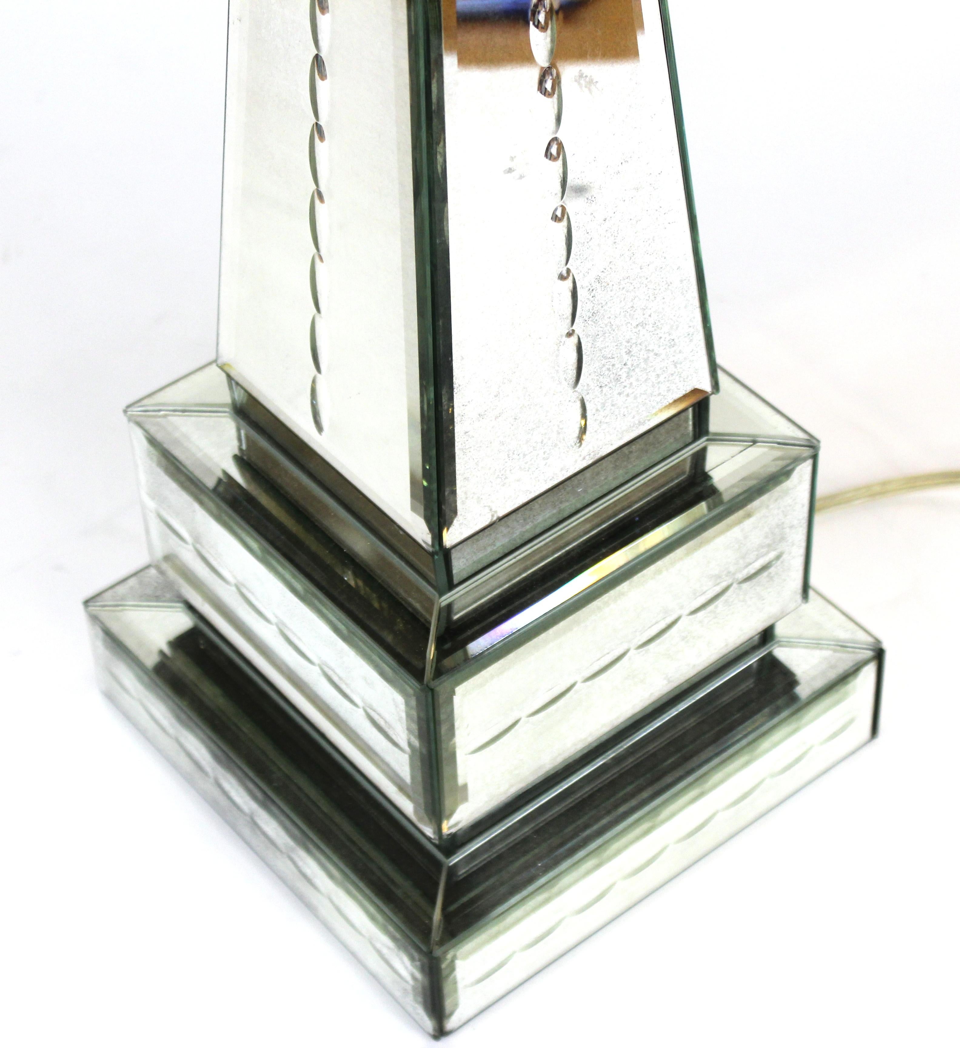 20th Century Hollywood Regency Style Mirrored Obelisk Table Lamps with Shades
