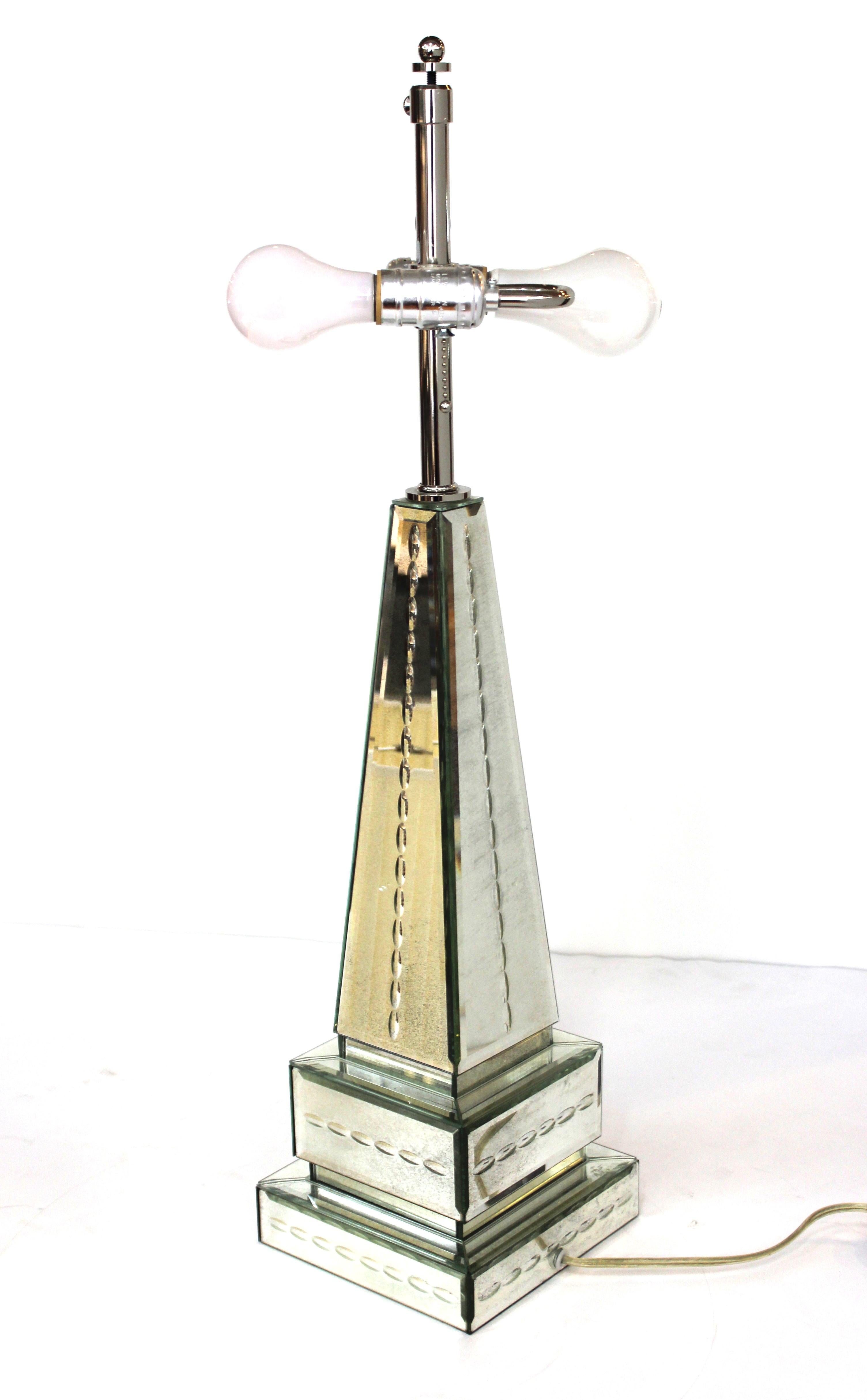 Hollywood Regency Style Mirrored Obelisk Table Lamps with Shades 2