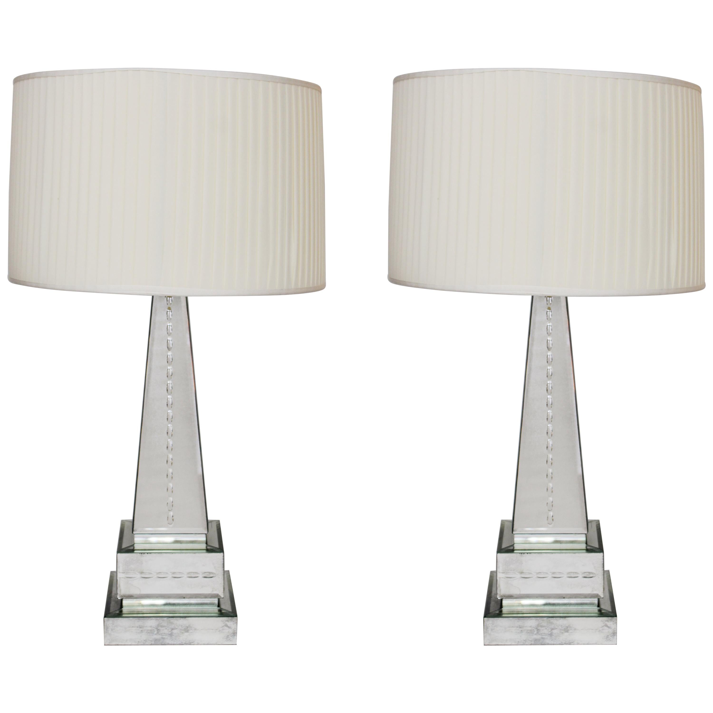 Hollywood Regency Style Mirrored Obelisk Table Lamps with Shades