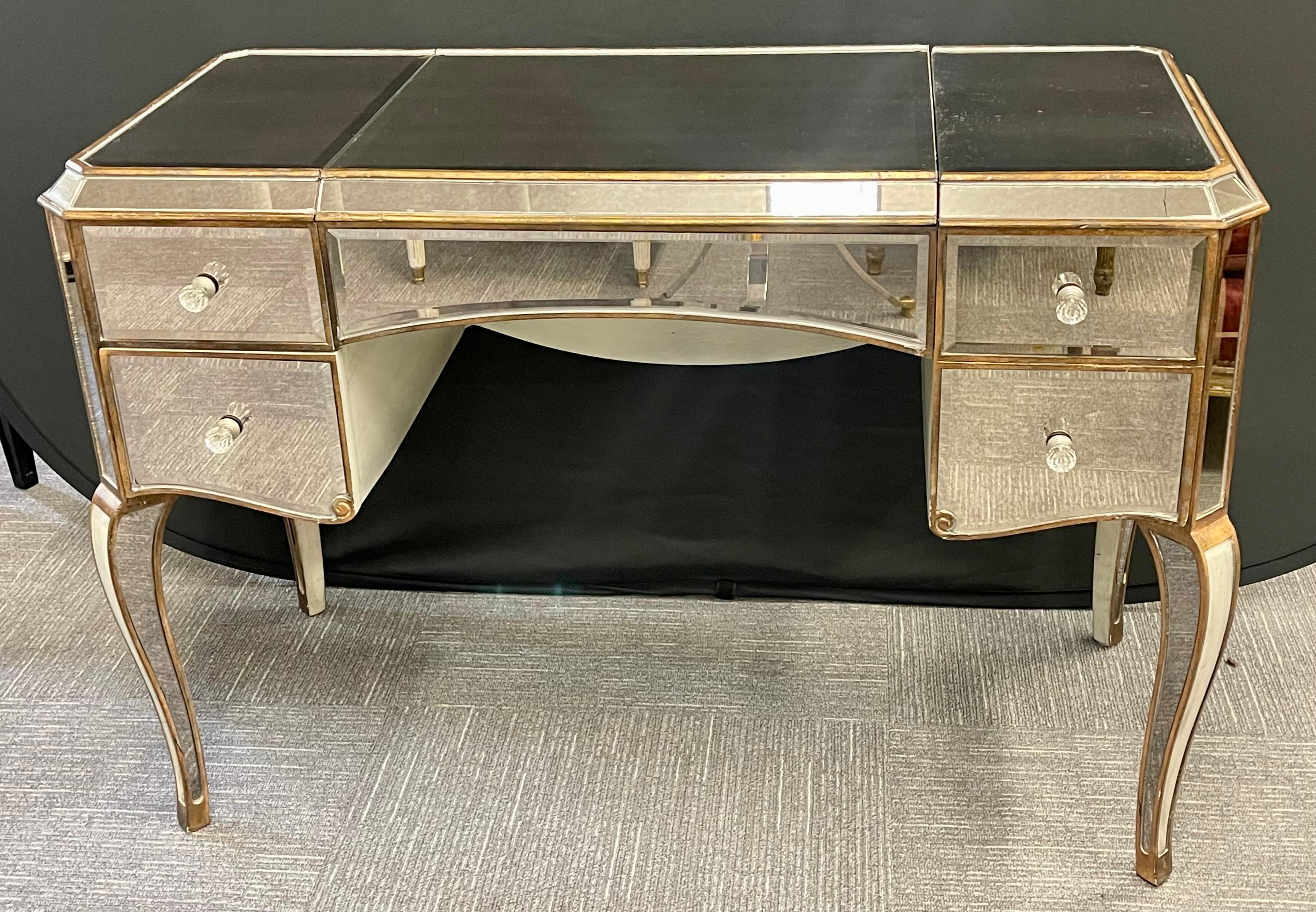 Hollywood Regency Style Mirrored Vanity / Desk and Bench In Good Condition In Stamford, CT