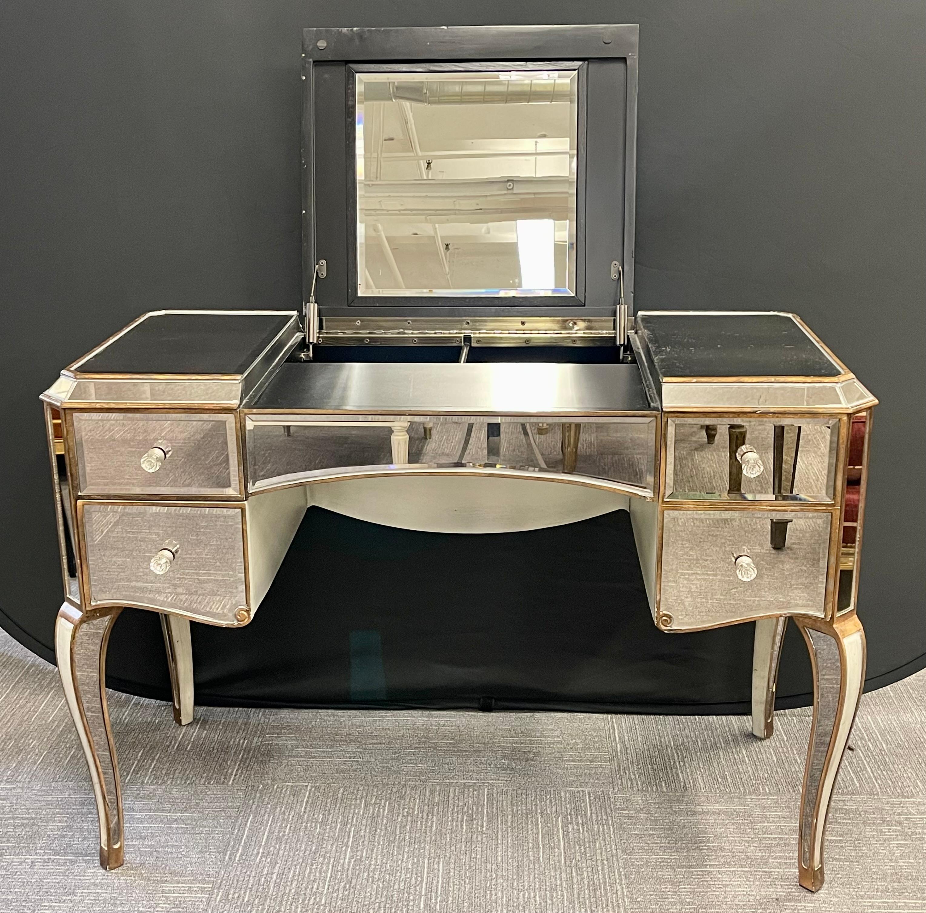 Late 20th Century Hollywood Regency Style Mirrored Vanity / Desk and Bench