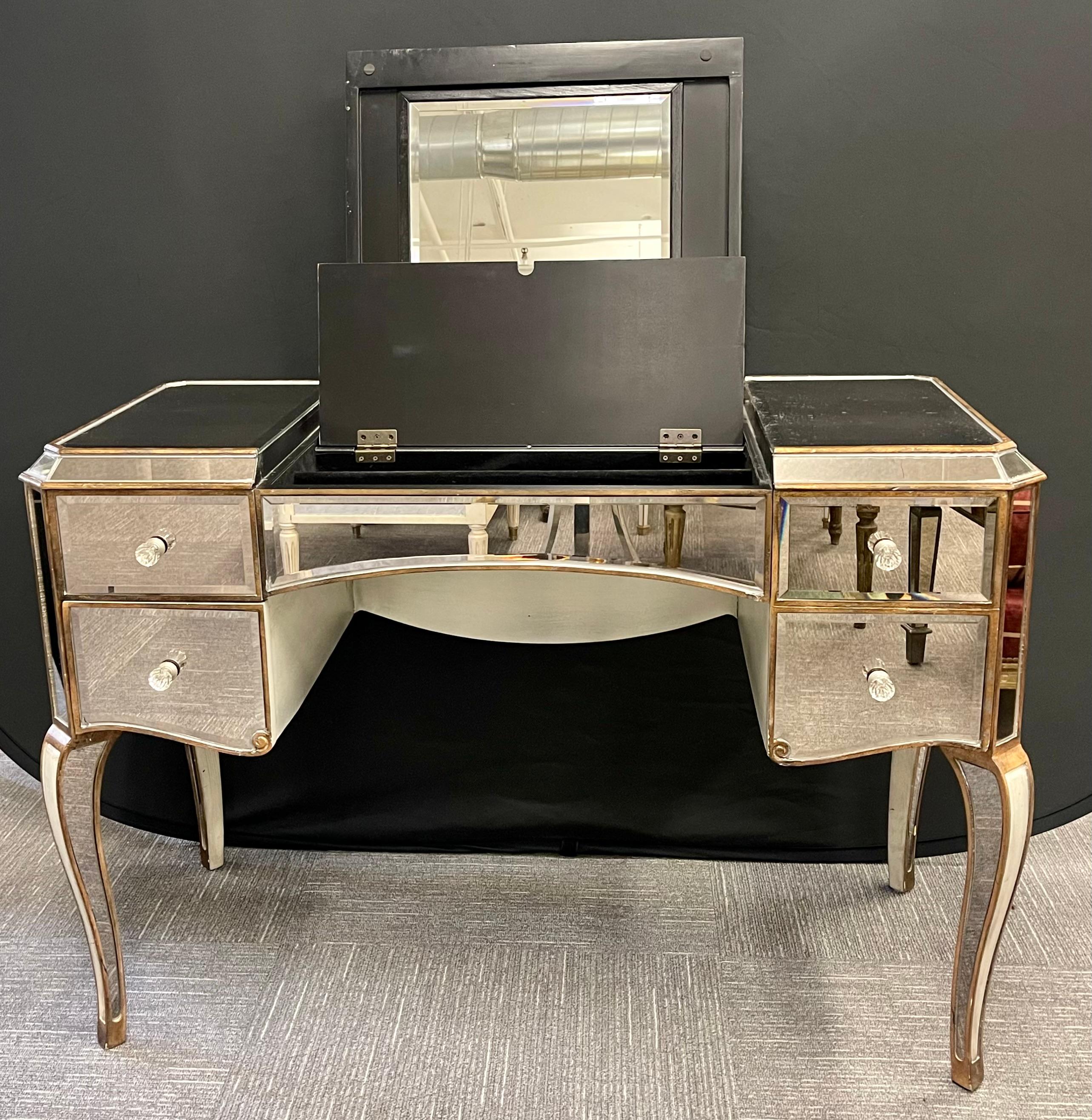 Hollywood Regency Style Mirrored Vanity / Desk and Bench 2