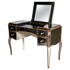 Coiffeuse ou bureau en miroir de style Hollywood Regency, décoration en bois doré
