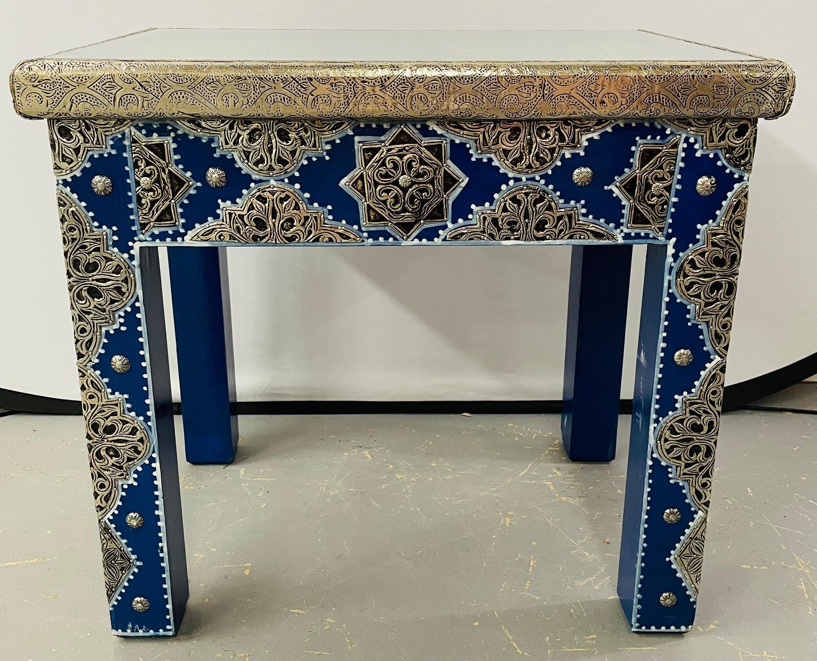 Metal Hollywood Regency Style Moroccan Brass Blue Rectangular Side or End Table, Pair For Sale