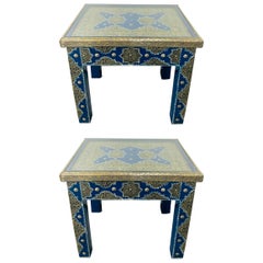 Vintage Hollywood Regency Style Moroccan Brass Blue Rectangular Side or End Table, Pair