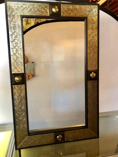 Hollywood Regency Style Moroccan Mirror in Brass and Wood Frame, a Pair