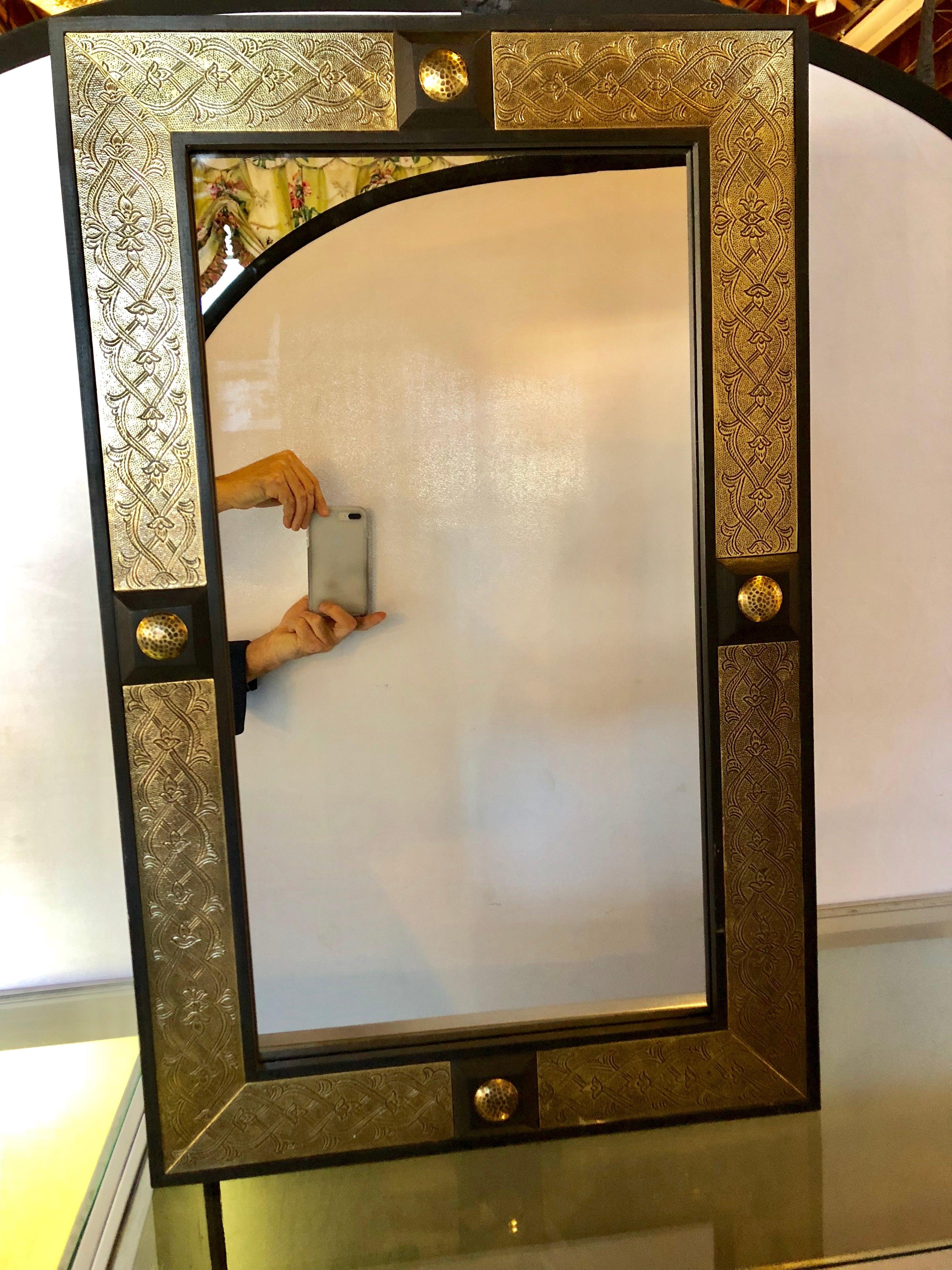 Hollywood Regency Style Moroccan Mirror in Brass and Wood Frame, a Pair In Good Condition In Plainview, NY