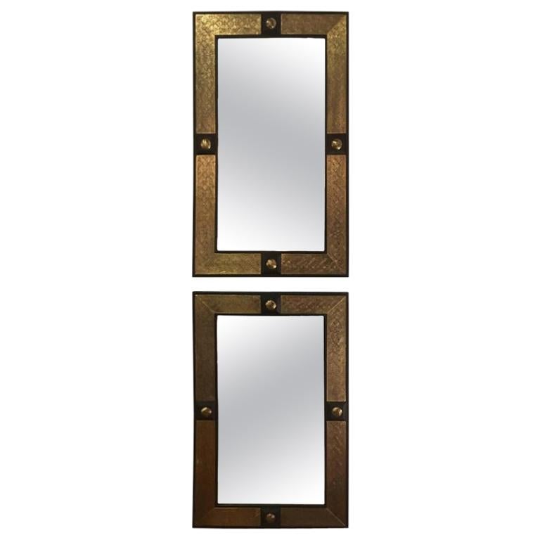Hollywood Regency Style Moroccan Mirror in Brass and Wood Frame, a Pair