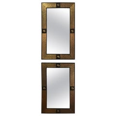 Vintage Hollywood Regency Style Moroccan Mirror in Brass and Wood Frame, a Pair