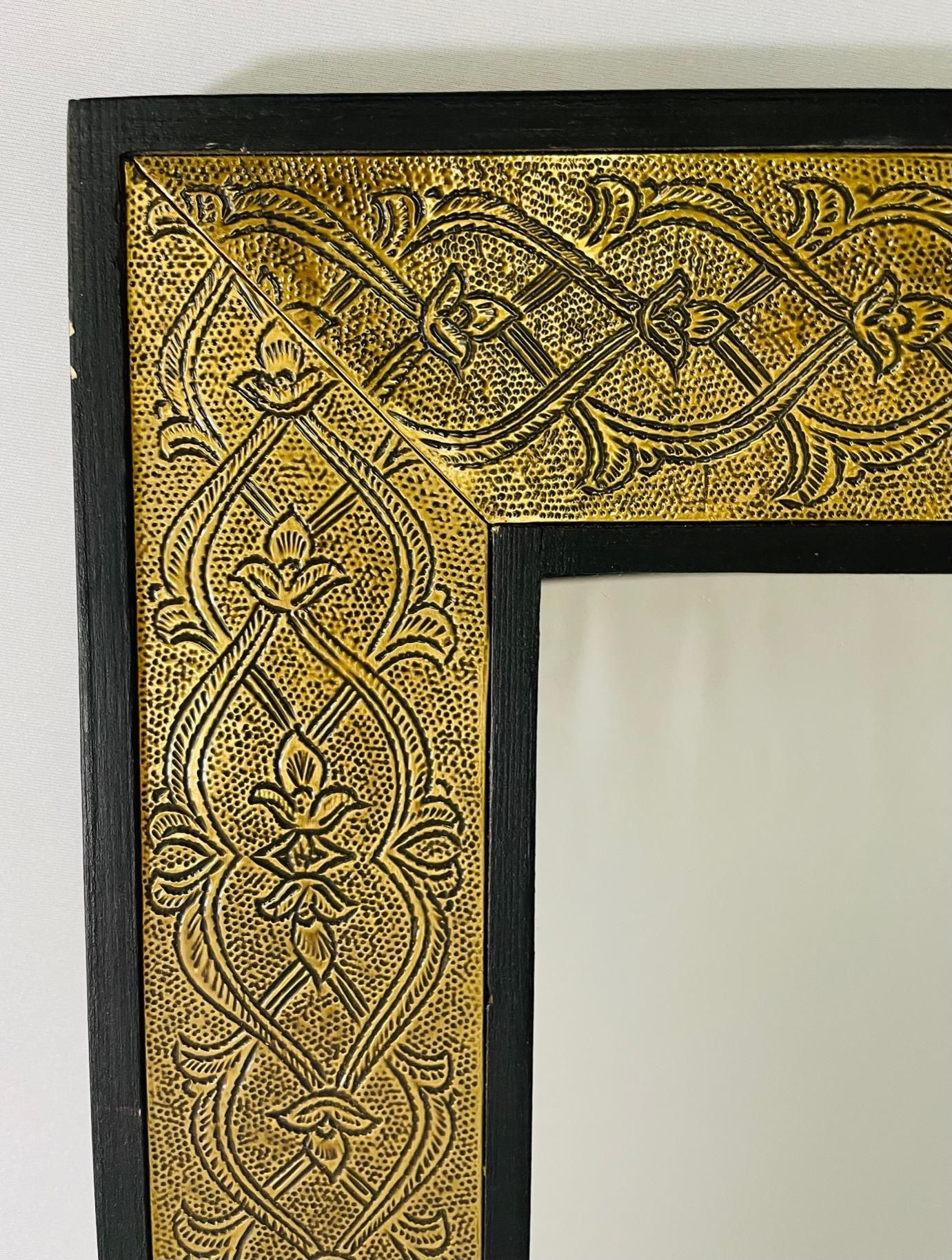 Late 20th Century Hollywood Regency Style Moroccan Mirror in Brass and Wood Frame