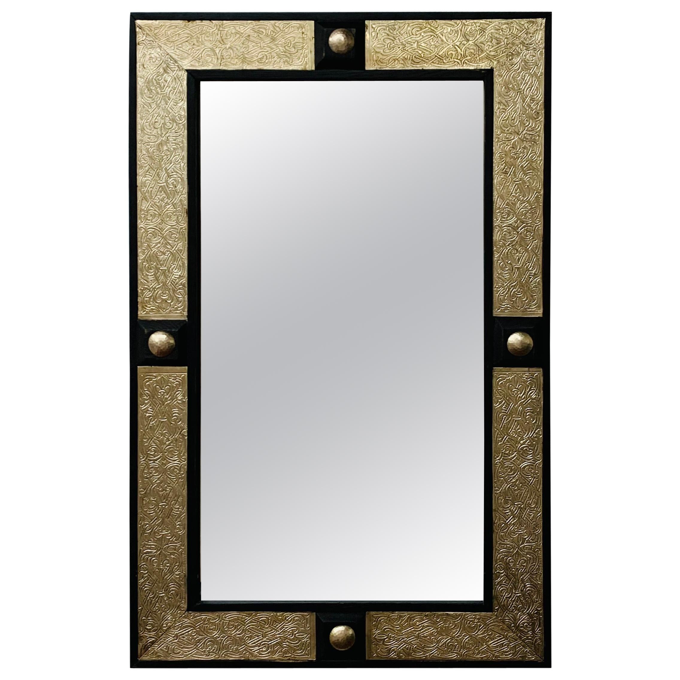 Hollywood Regency Style Moroccan Mirror in Brass and Wood Frame For Sale