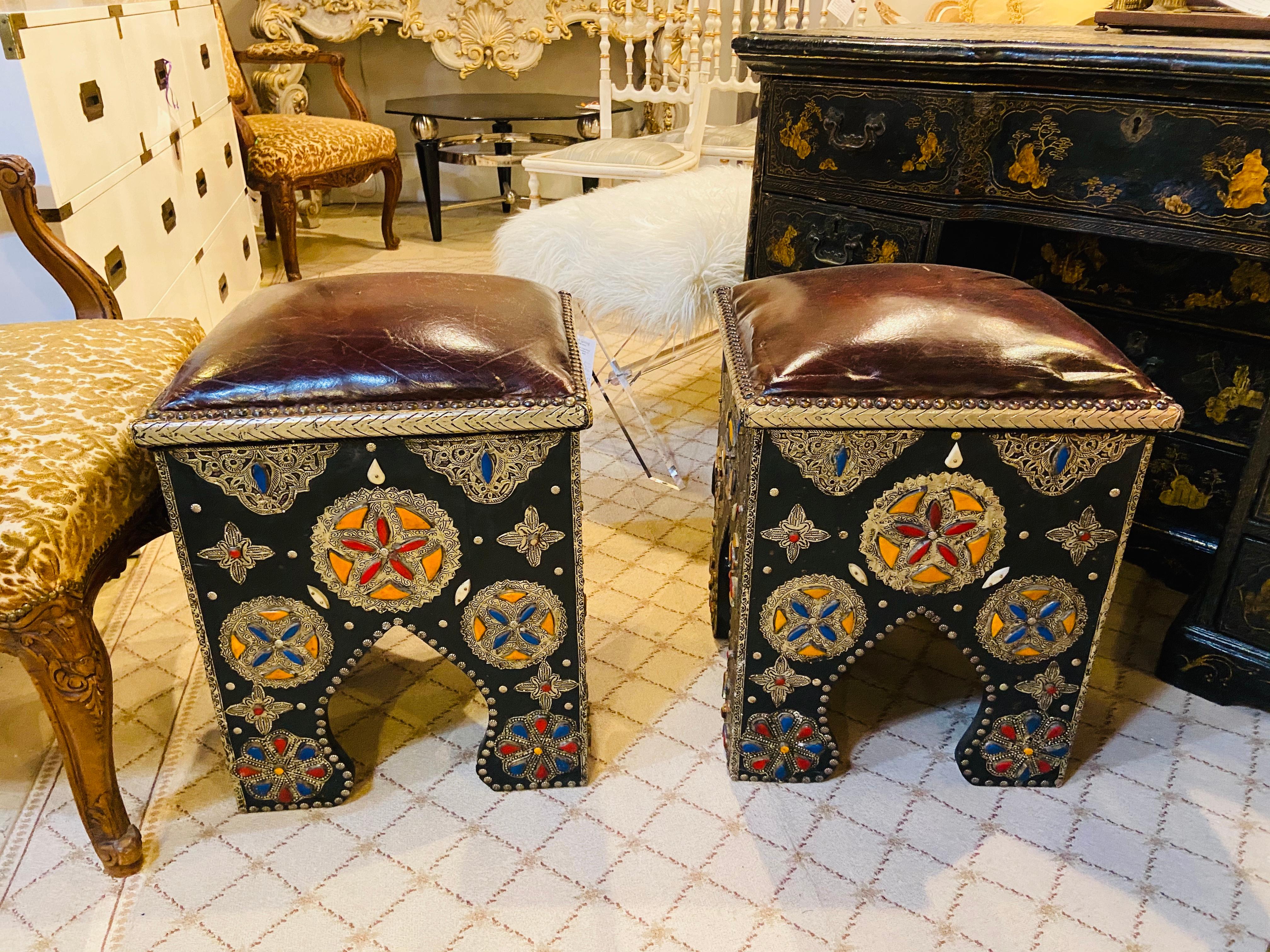 Hollywood Regency Style Moroccan Ottoman or Stool with Leather Top, a Pair In Good Condition In Plainview, NY