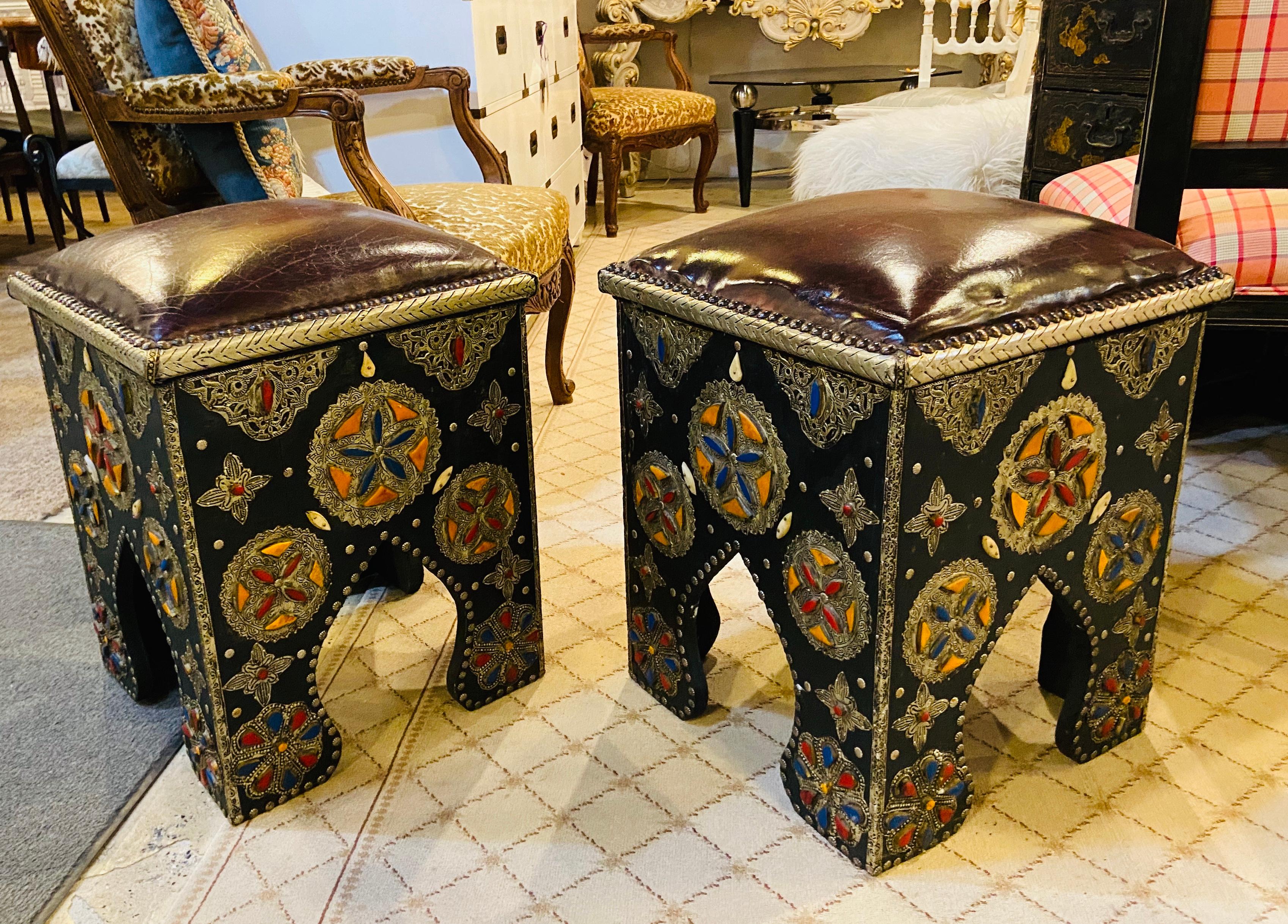 Late 20th Century Hollywood Regency Style Moroccan Ottoman or Stool with Leather Top, a Pair