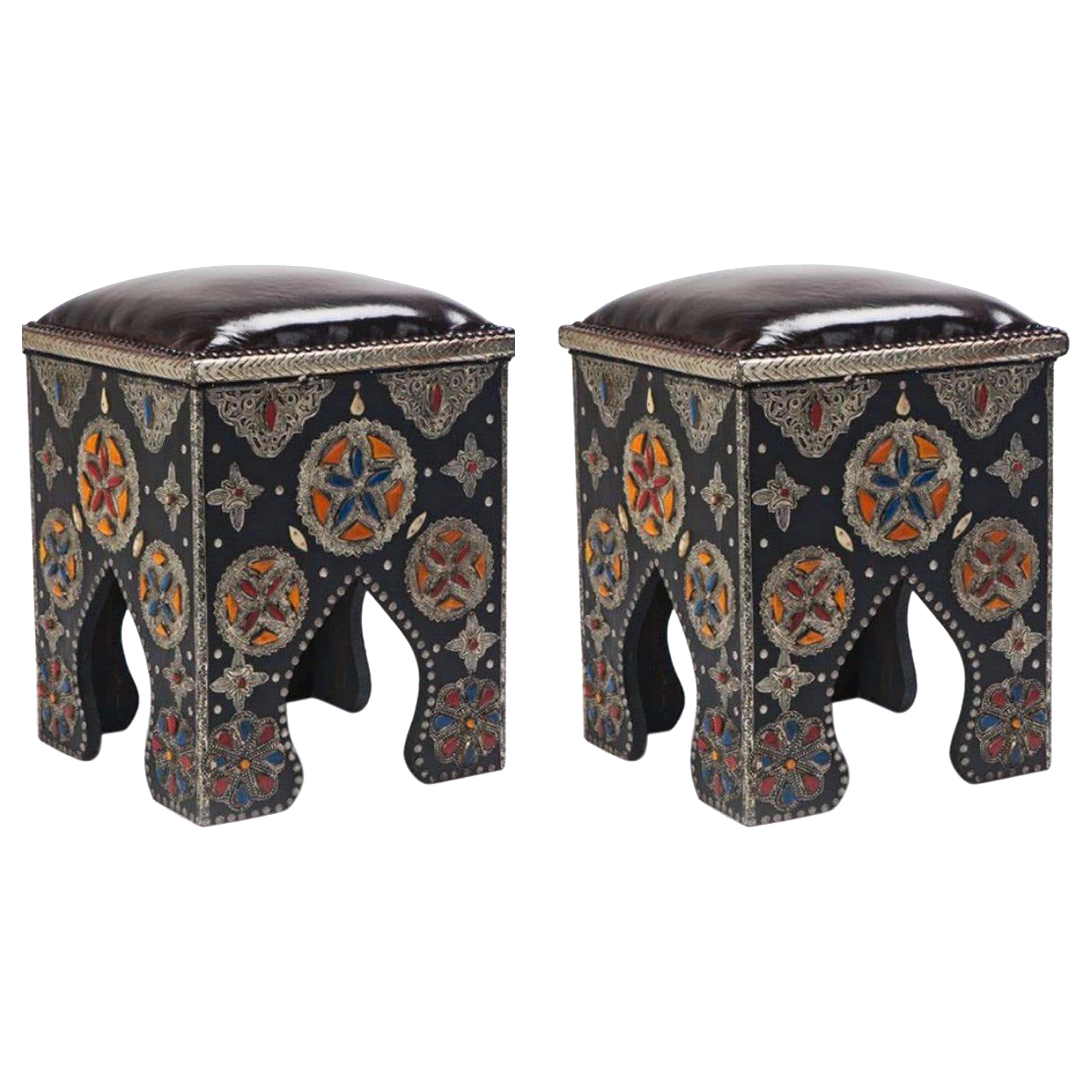 Hollywood Regency Style Moroccan Ottoman or Stool with Leather Top, a Pair