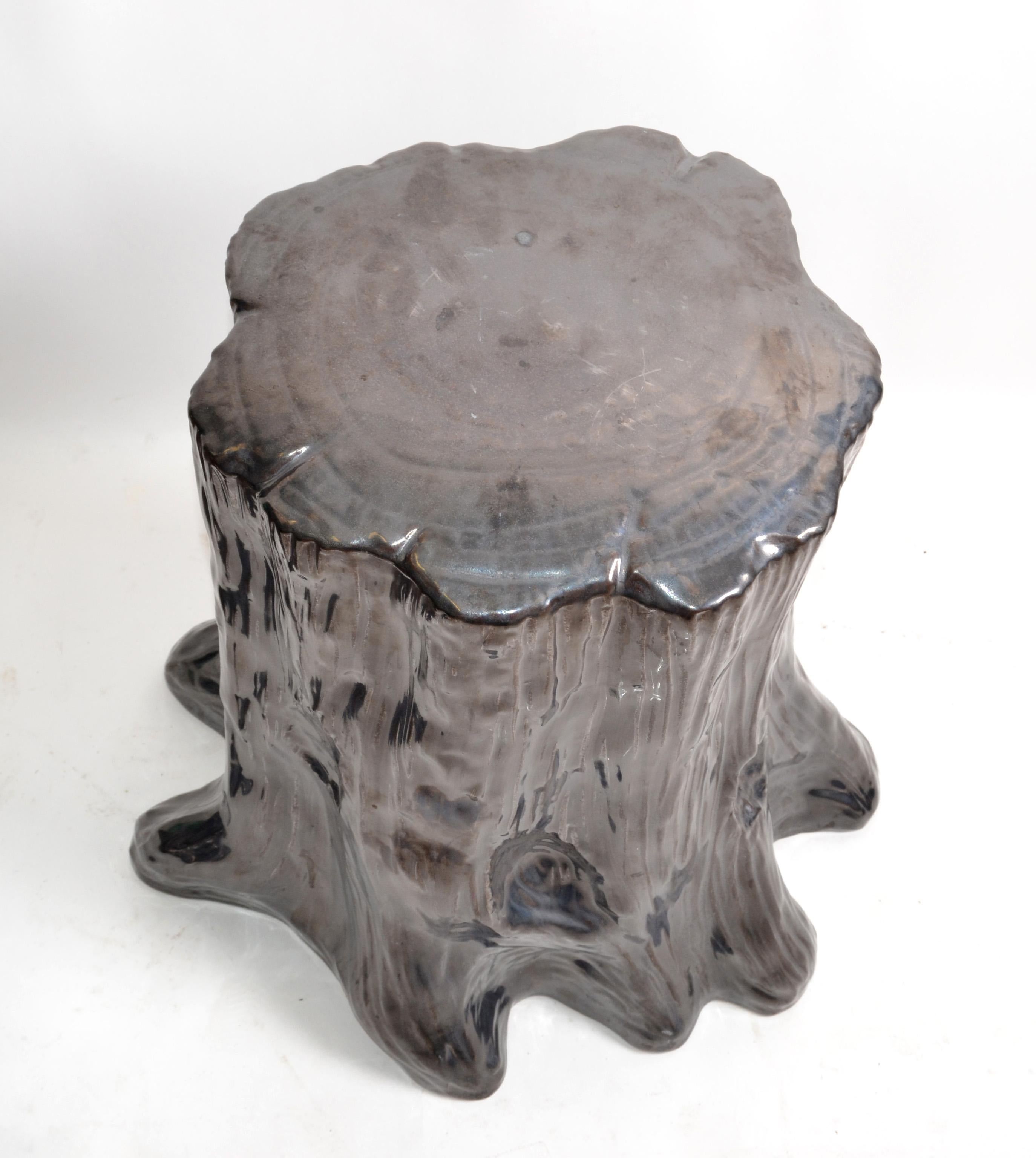 Hollywood Regency Style Outdoor Silver Ceramic Side Table Tree Stump Look, Pair 2