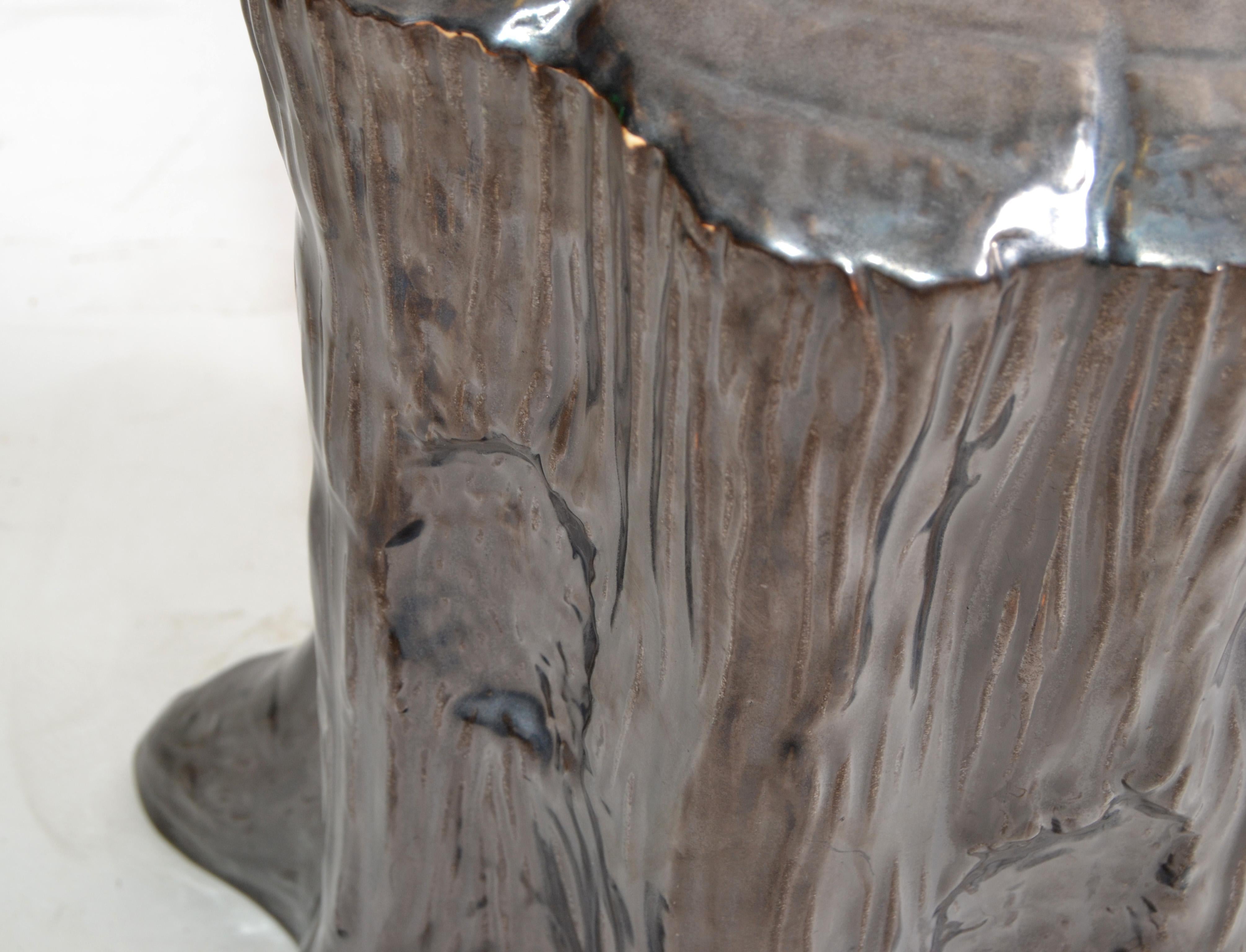 Hollywood Regency Style Outdoor Silver Ceramic Side Table Tree Stump Look, Pair 3