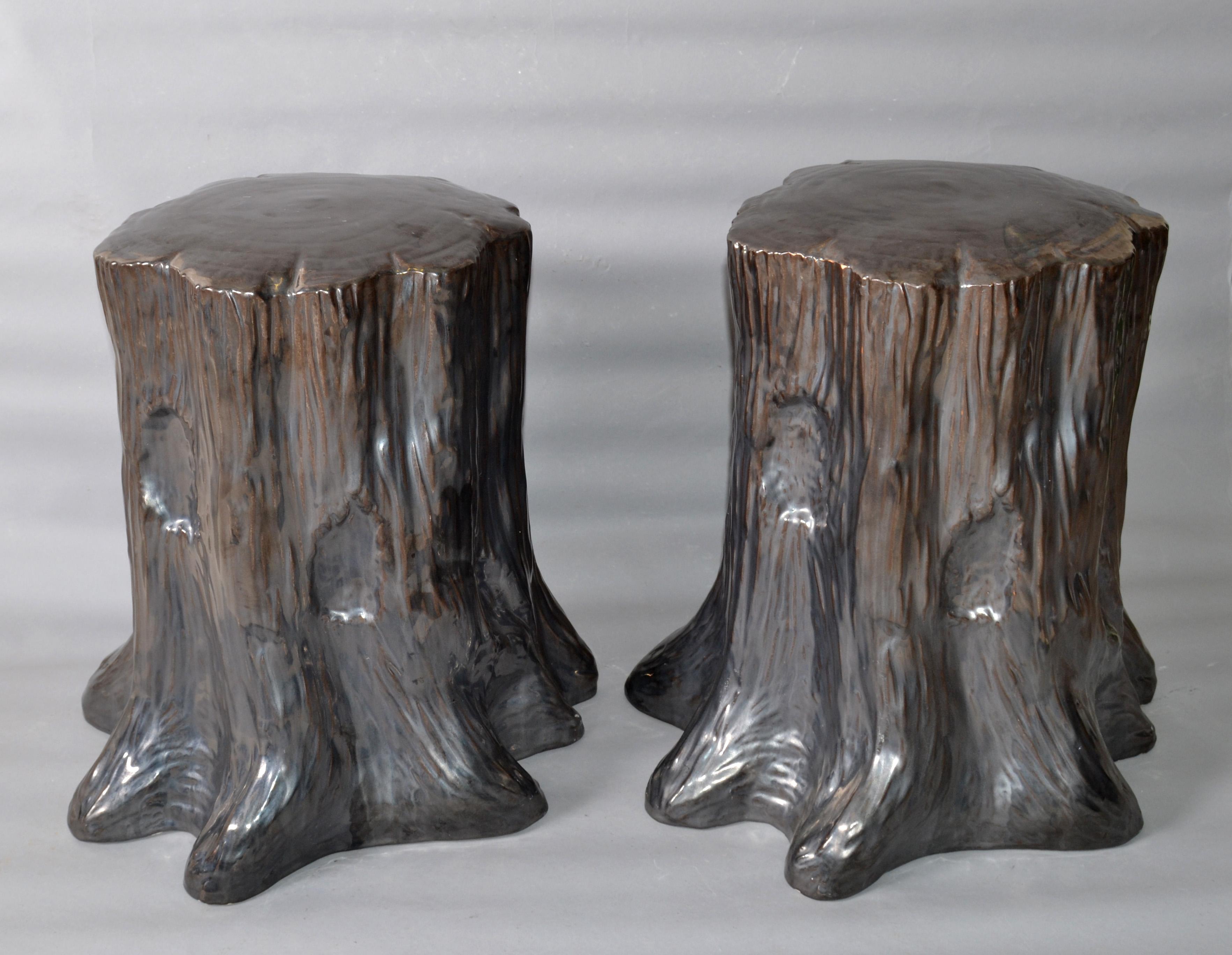 Hollywood Regency Style Outdoor Silver Ceramic Side Table Tree Stump Look, Pair 4