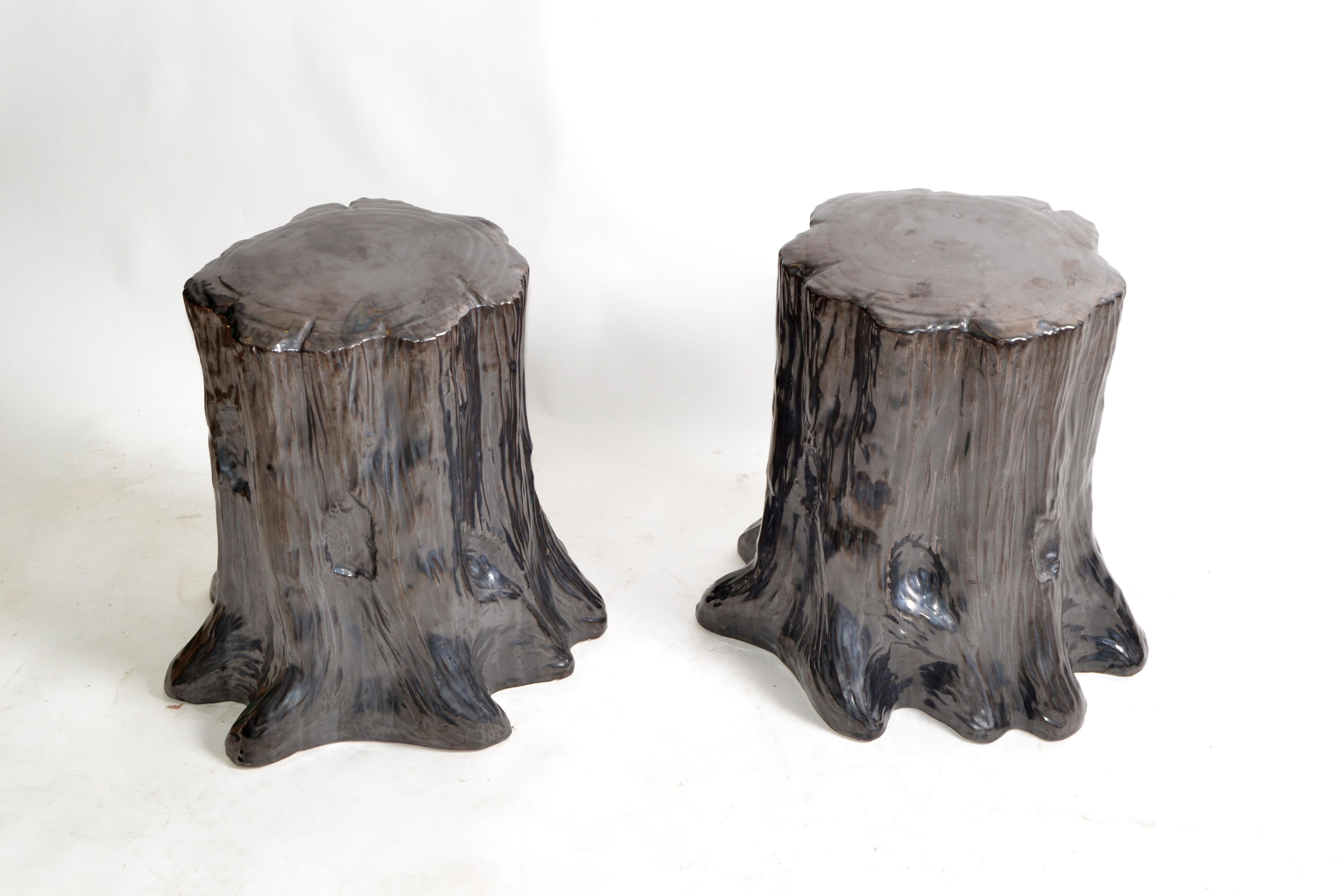 Hollywood Regency Style Outdoor Silver Ceramic Side Table Tree Stump Look, Pair 5