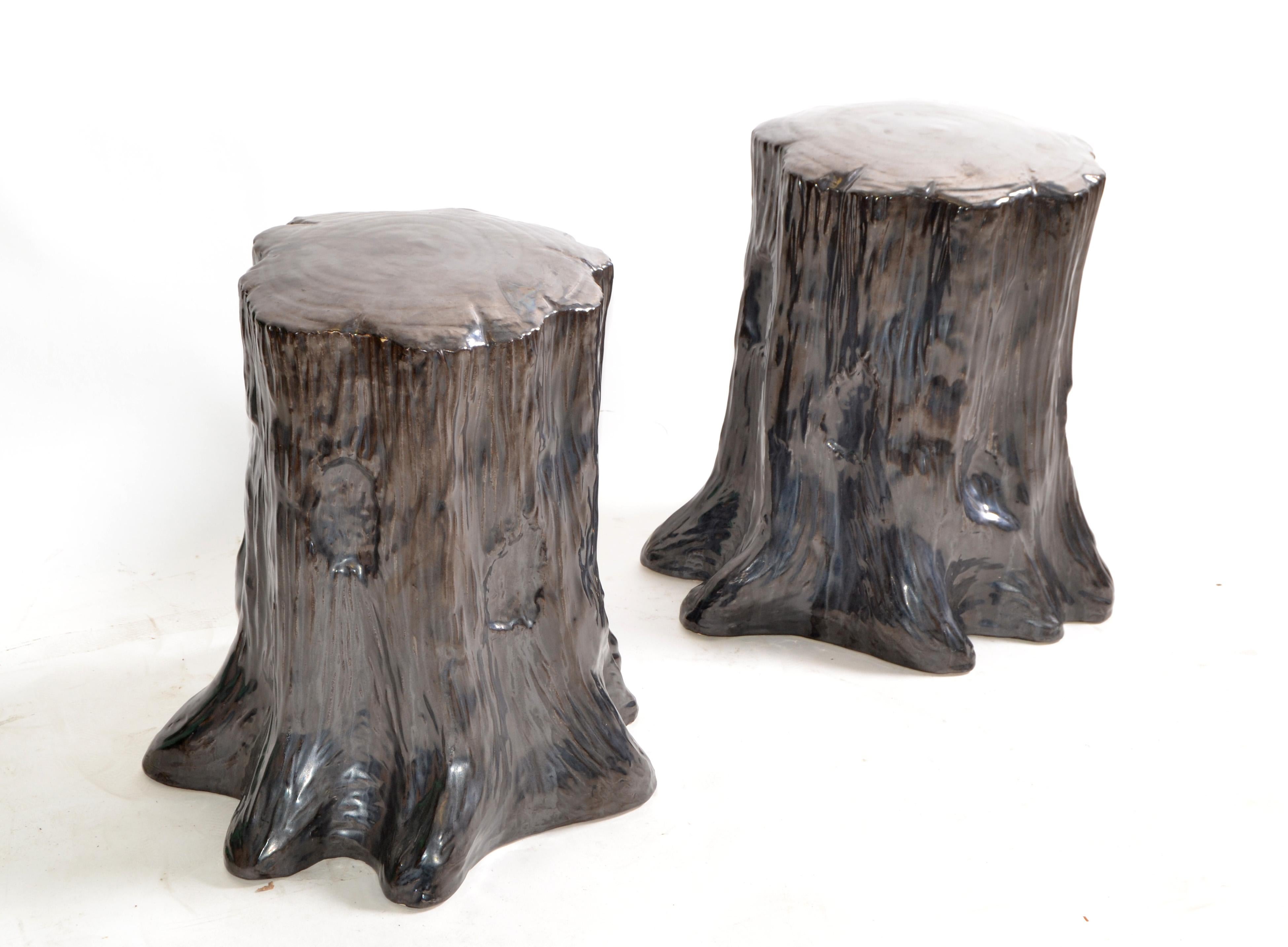 Hollywood Regency Style Outdoor Silver Ceramic Side Table Tree Stump Look, Pair 6