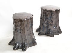 Hollywood Regency Style Outdoor Silver Ceramic Side Table Tree Stump Look, Pair