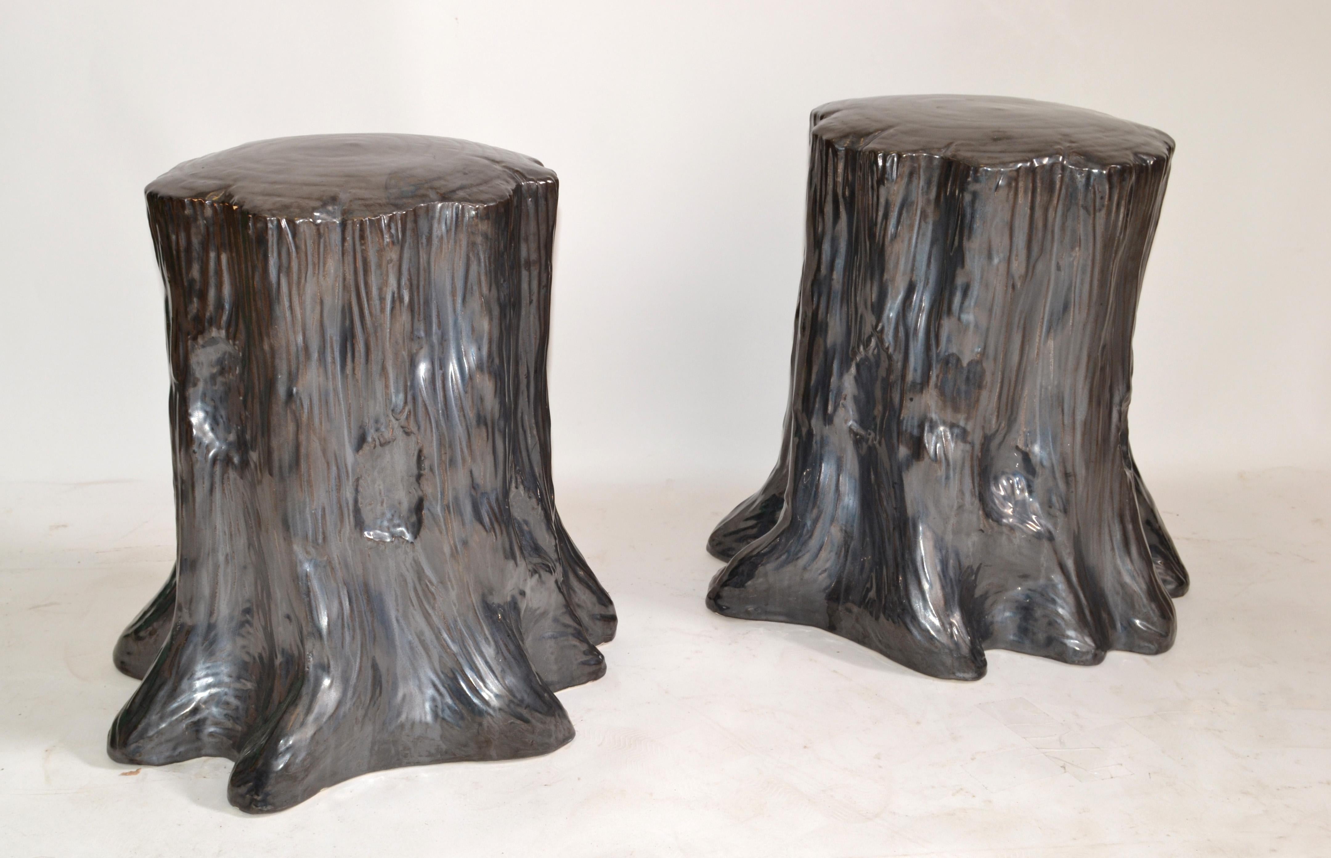 Hollywood Regency Style Outdoor Silver Ceramic Side Table Tree Stump Look,  Pair For Sale at 1stDibs