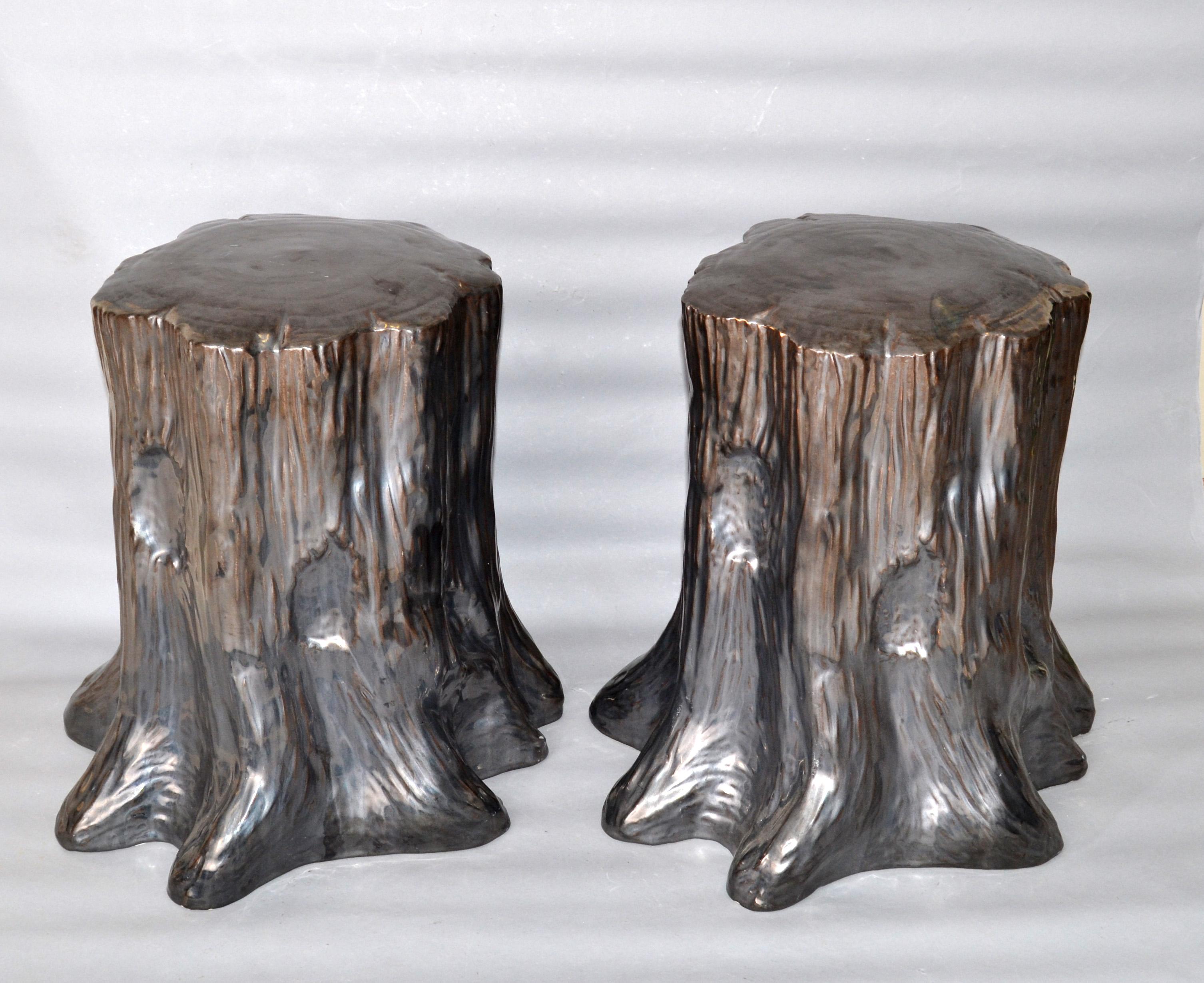 Glazed Hollywood Regency Style Outdoor Silver Ceramic Side Table Tree Stump Look, Pair