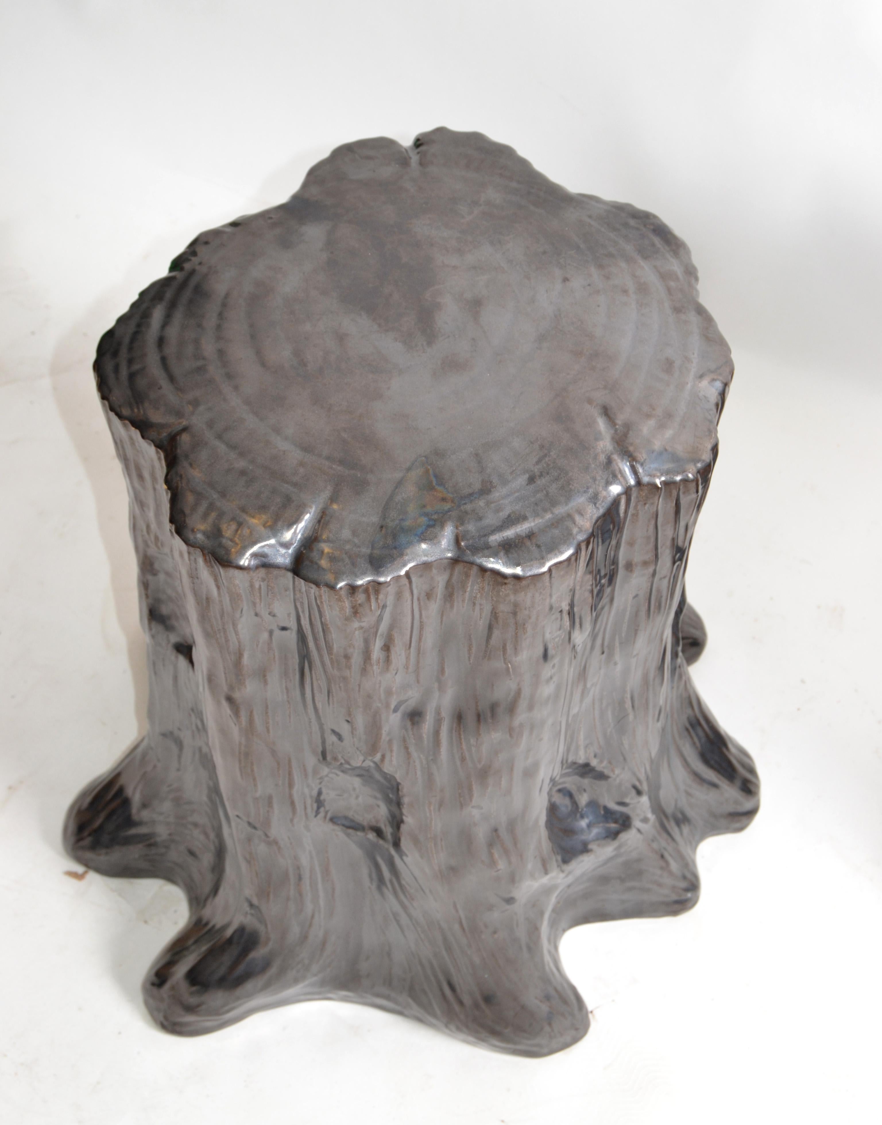 Hollywood Regency Style Outdoor Silver Ceramic Side Table Tree Stump Look, Pair 1